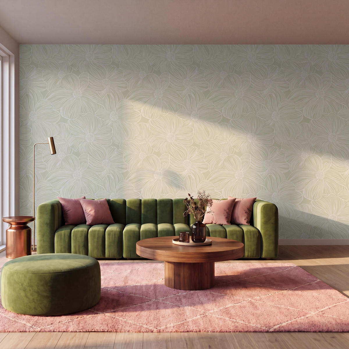 TAPETE - Gelassenheit - Blumen - Grün - 450x280 cm - Salbeigrün, Papier (450/280cm) - OnlyWow