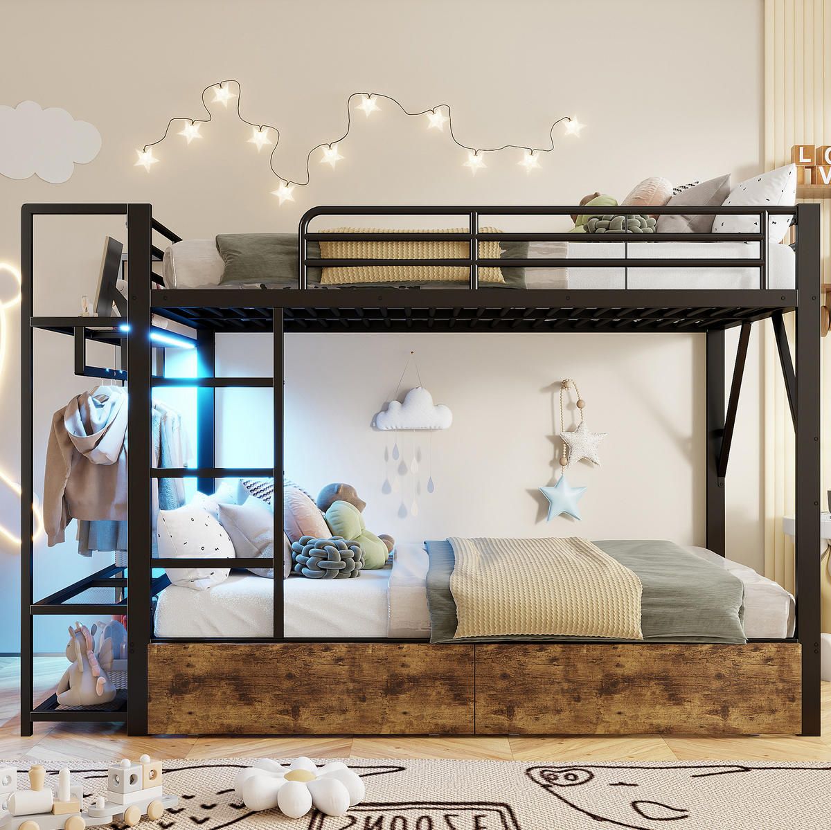 ETAGENBETT 140/200 cm aus Metall mit LED-Beleuchtung und Stauraum - Schwarz, Metall - BEAOK