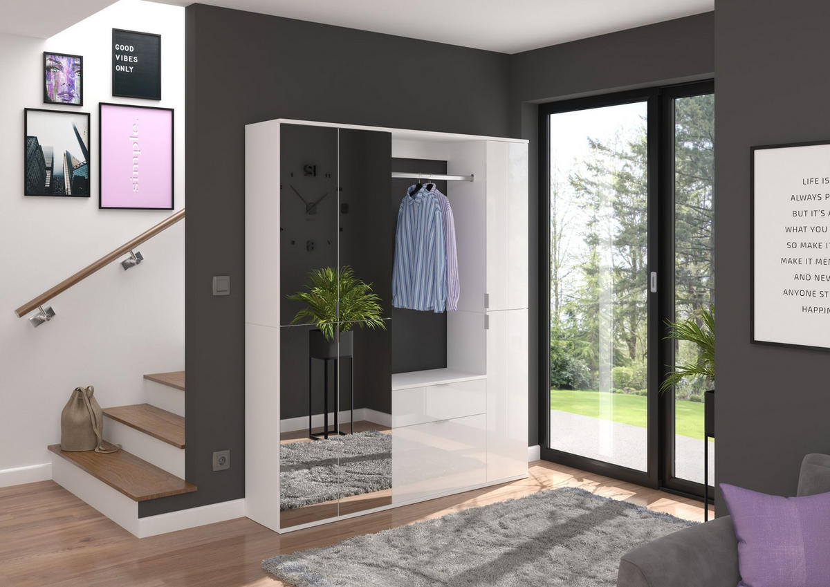 KOMMODE + Garderobenstange Projekt X Garderobe in weiß Nb. und weiß hochglanz B/H/T: 61x62x34 cm - Weiß, Holzwerkstoff (60/61/34cm)