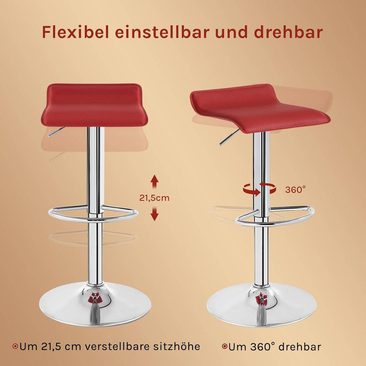 BARHOCKER 2er Set, Höhenverstellbarer, aus Kunstleder Metall - Bordeaux, Metall (38.5/84/39.5cm) - Woltu
