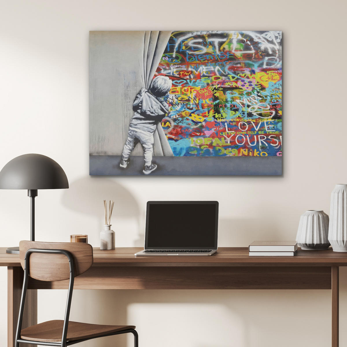 AKUSTIKBILD Graffiti - Junge - Ilussie - Straßenkunst Gemälde 80x60 cm - Hellgrau, Textil (80/60/0.9cm) - MuchoWow