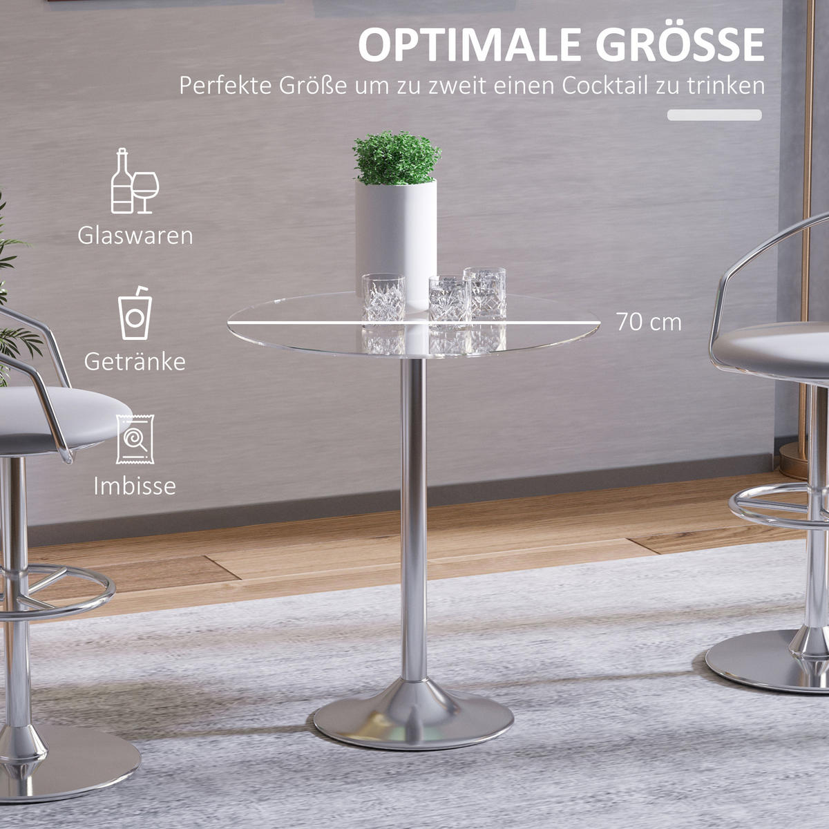 ESSTISCH, Runder Küchentisch mit Tischplatte aus Glas, Ø70 x 74,5 cm - Silberfarben, Metall (70/70/74.5cm) - HOMCOM