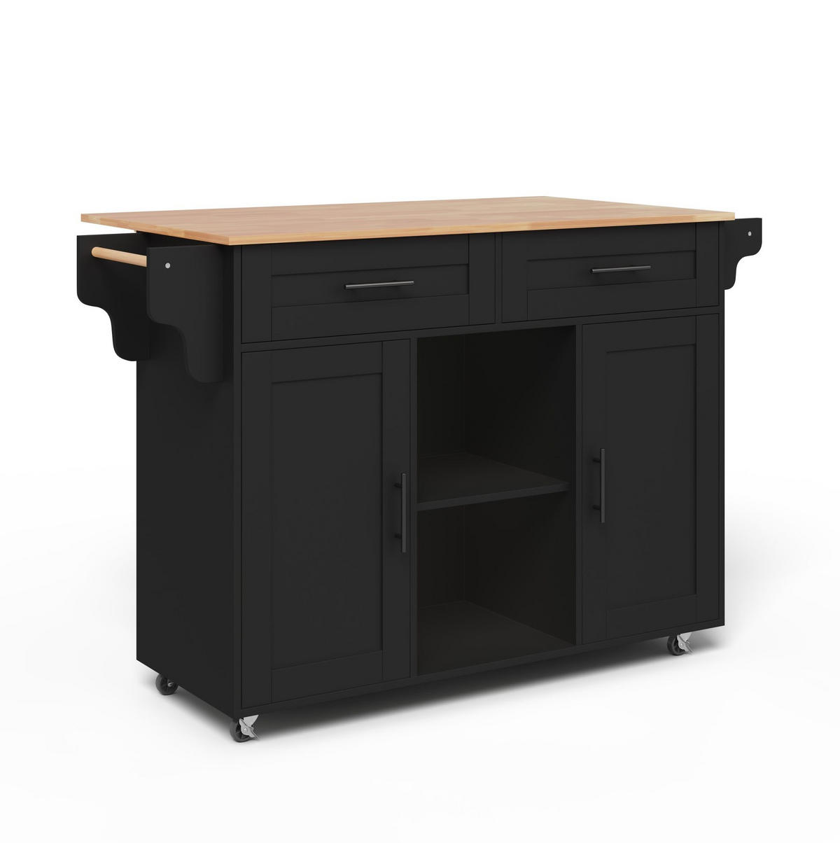 KÜCHENINSEL 145/70/94,5 cm mit ausziehbarer Arbeitsplatte, 2 Schubladen und 5 Rollen, Schwarz - Schwarz, Holzwerkstoff (145/94.5/70cm) - Redom