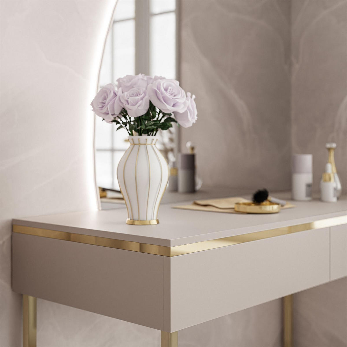 SCHMINKTISCH AURORA-Q GOLD auf goldenem Gestell mit links Spiegel - Kaschmir/Goldfarben, Holzwerkstoff/Metall (102/174/44cm) - Lookway