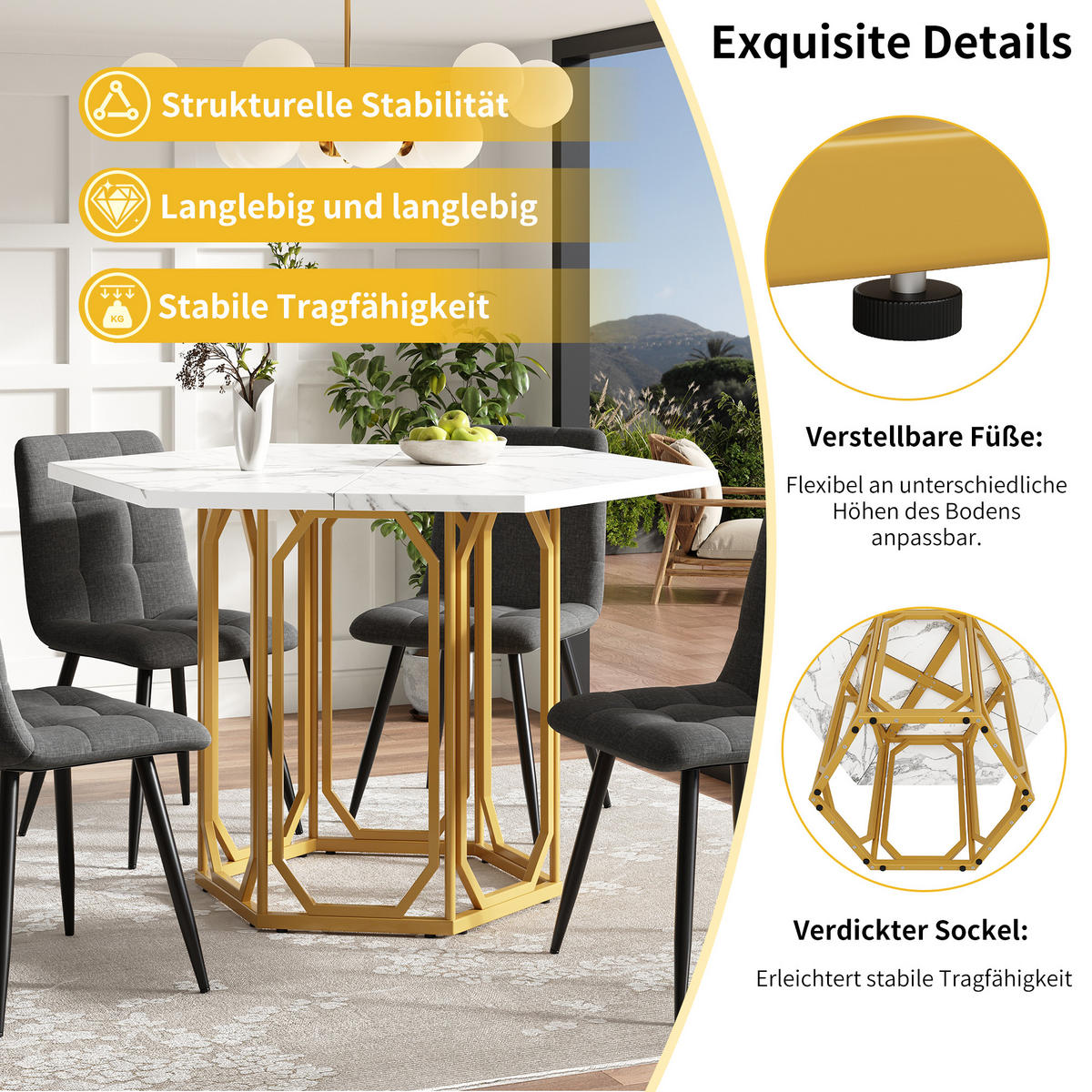 ESSTISCH 110,2/95,4/75,5 cm Gold mit Marmoroptik aus MDF und Metall - Goldfarben, Holzwerkstoff (110.2/95.4/75.5cm) - OKWISH