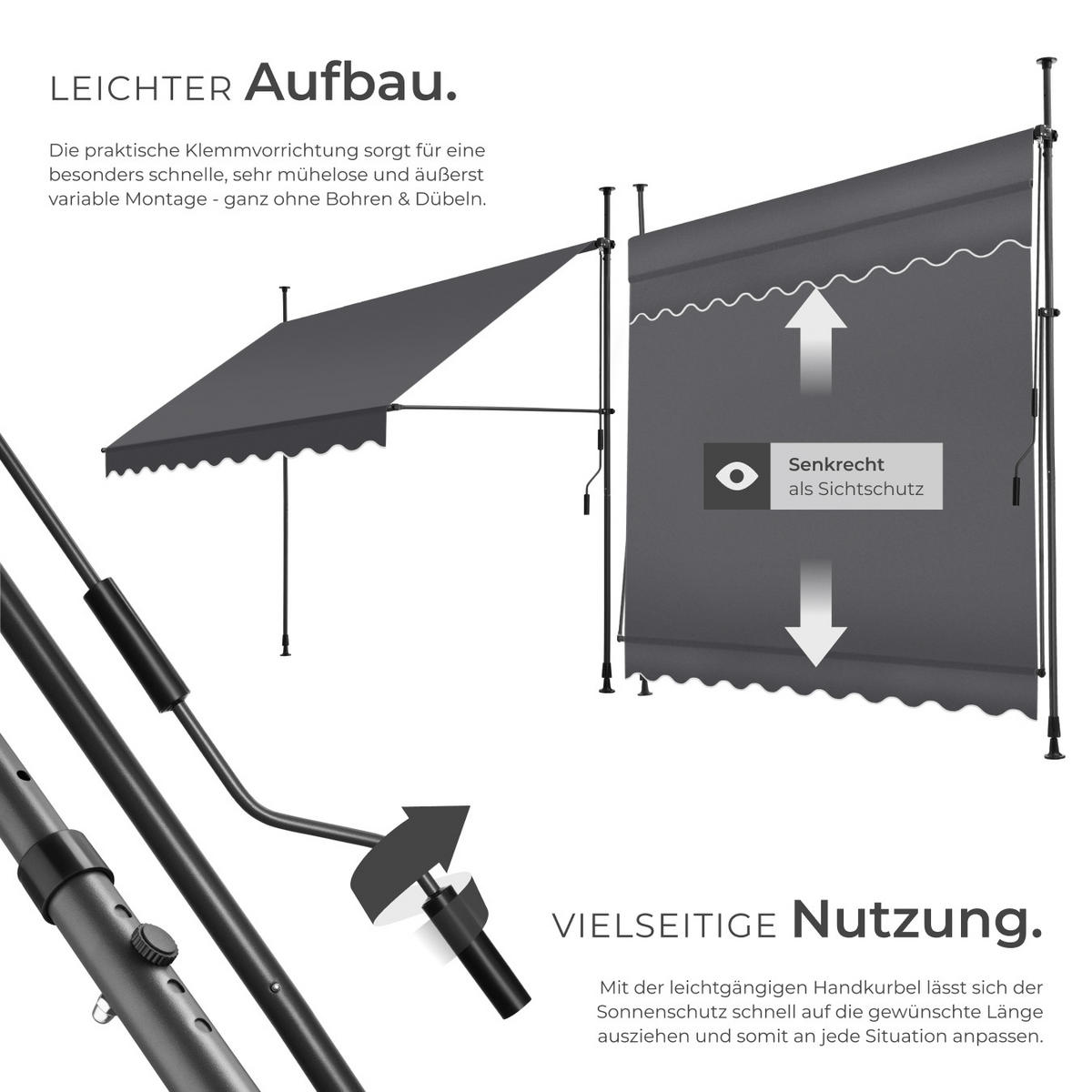 KLEMMMARKISE ,einfache Montage,schwarz/grau - Schwarz/Grau, Kunststoff (250/304/180cm) - tectake