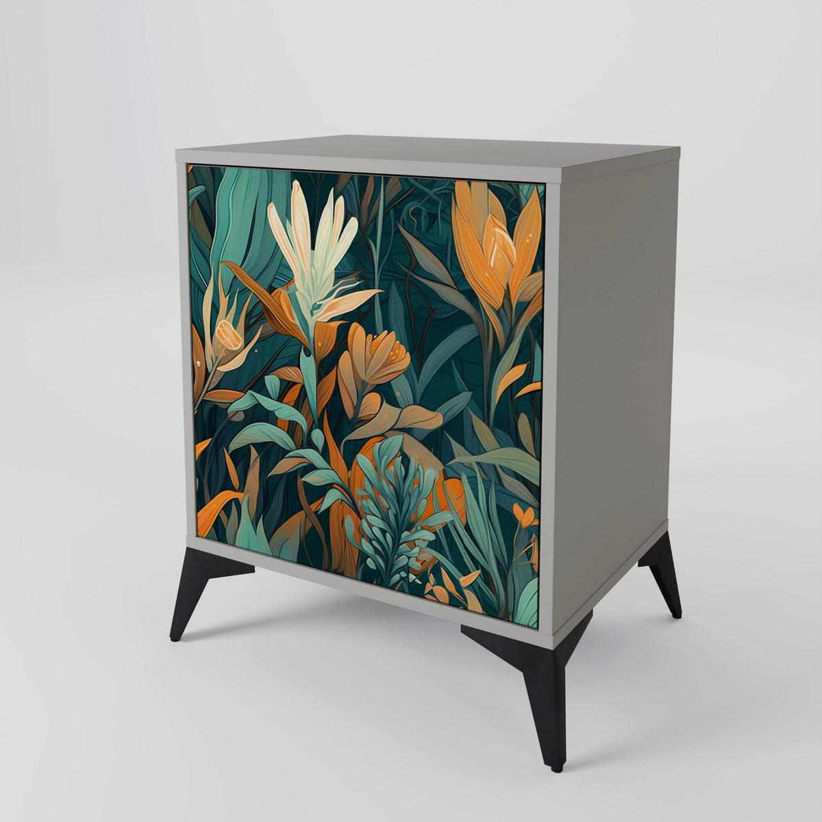 SIDEBOARD FLORAL SERENITY, Grau, 57,5x42x77,5 cm, Schräge Buchenholzfüße - Buchefarben/Multicolor, Holzwerkstoff/Buchenholz (57.5/77.5/42cm) - SpaceRebels