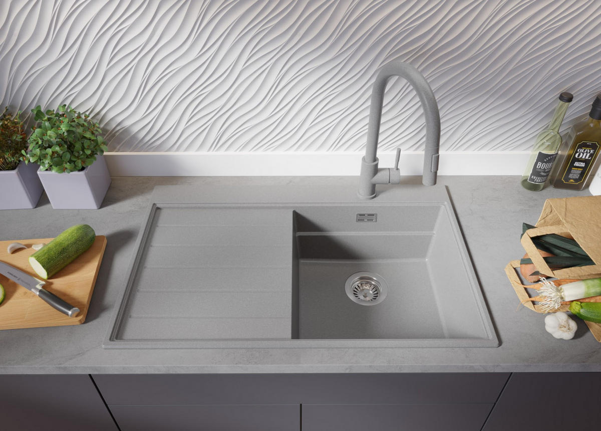 SPÜLBECKEN Sydney, 2-er set Grau 78/50 cm 1 Becken + Ablauf-Set + Küchenzubehörset ab 45er Unterschrank - Chromfarben/Beige, Kunststoff (78/20/50cm) - Primagran