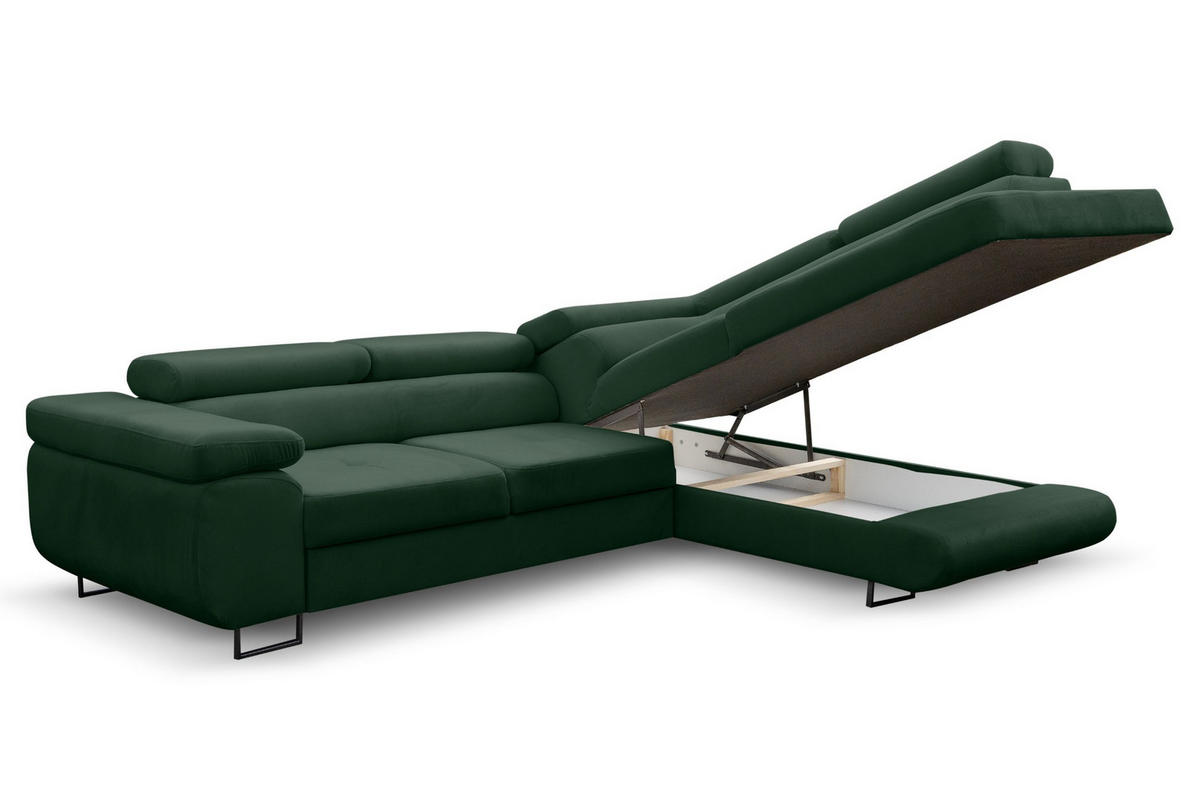 ECKSOFA Jerry in L-Form mit Schlaffunktion und Bettkasten, Farbe: Grün, Veloursstoff, Ottomane Rechts - Grün, Textil (275/202cm) - VENASI MÖBEL