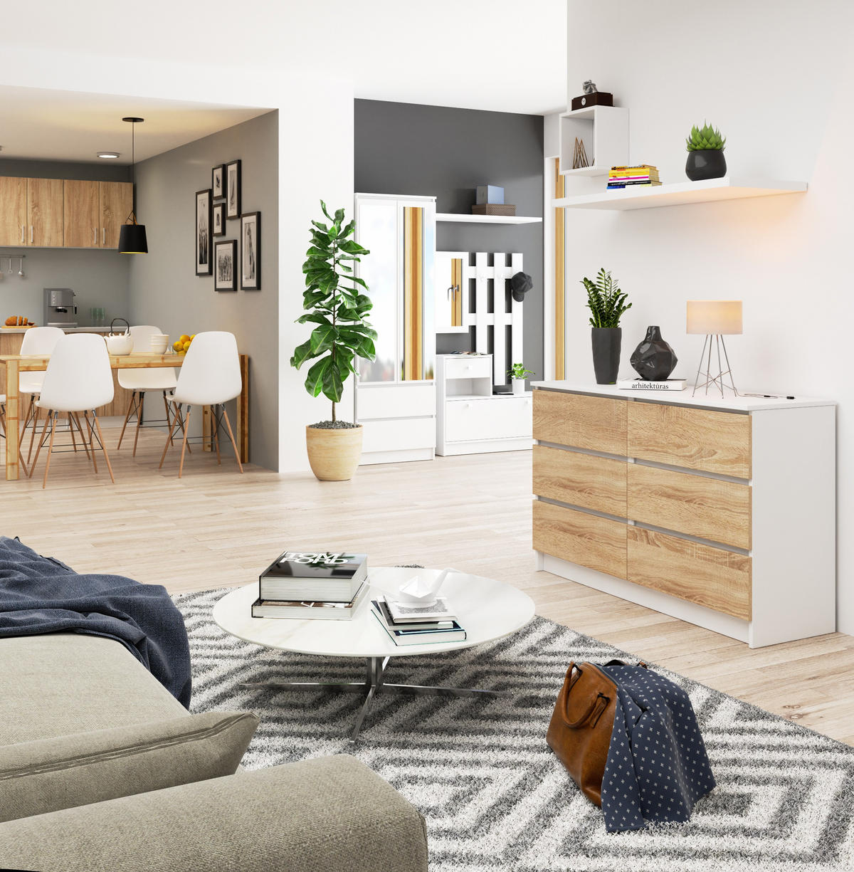 KOMMODE Weiß, Eiche Sonoma 77/120/40 - Hellbraun/Weiß, Holzwerkstoff (120/77/40cm) - RAUMHIRSCH FURNITURE