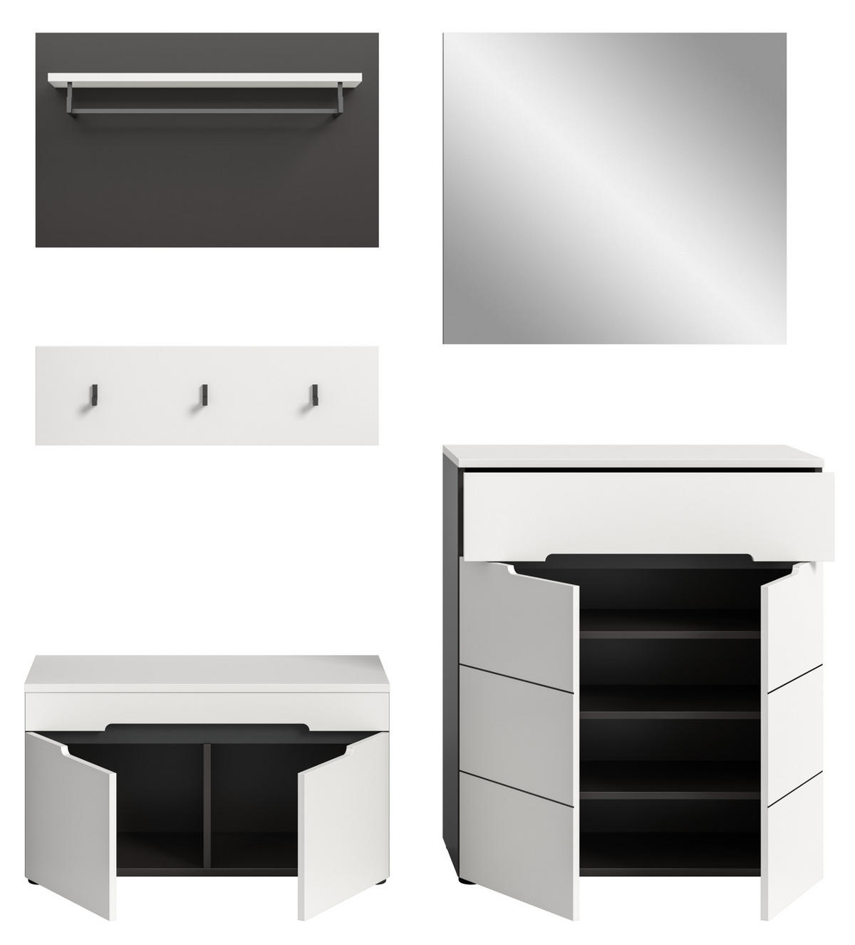 GARDEROBEN-SET 5-teilig in weiß, grau 175 cm, Kombination mit Soft-Close, Cooper - Schwarz/Weiß, Glas/Holzwerkstoff (175/190/37cm) - Inn.Furn