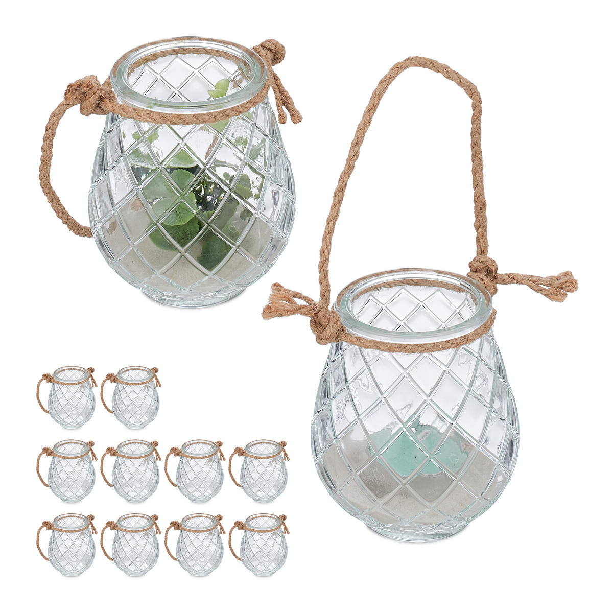 12XWINDLICHT - Transparent, Glas/Textil (8.5/10/8.5cm) - Relaxdays