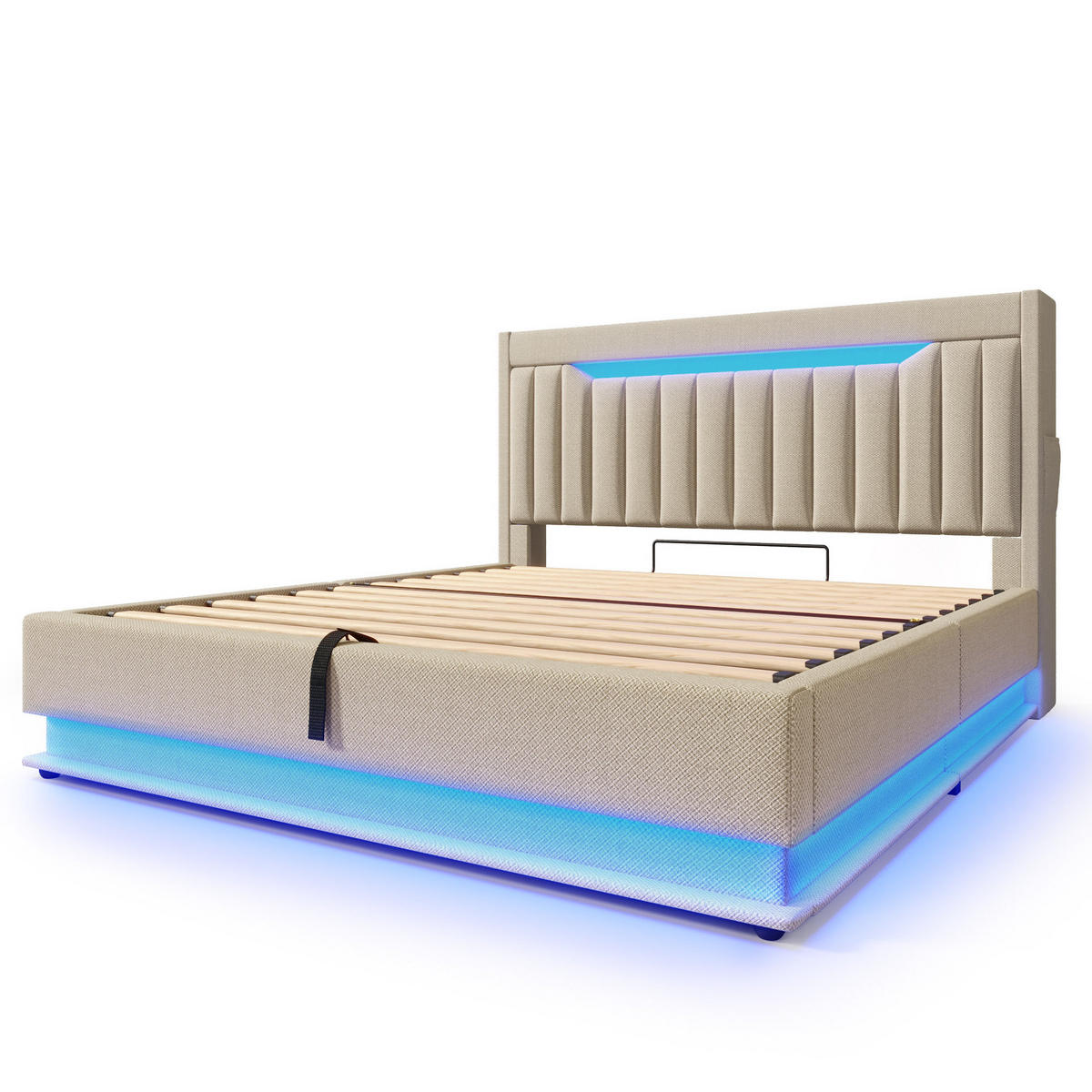 POLSTERBETT mit Stauraum, LED und USB 140x200 cm Beige Leinen - Beige, Metall (140/200cm) - Meubliv