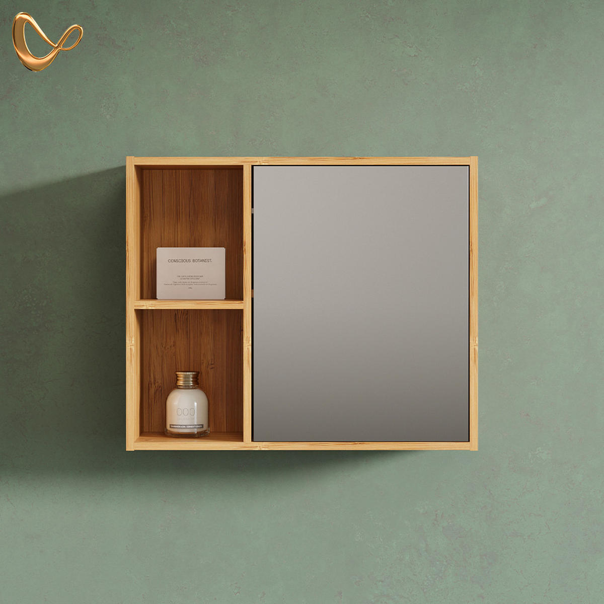 KOPALNIŠKA OMARICA Z OGLEDALOM Olona, Bambus, 54 x 44.5 cm z ogledalom - naravne barve, leseni material (54/44.5/20cm) - Livinity®