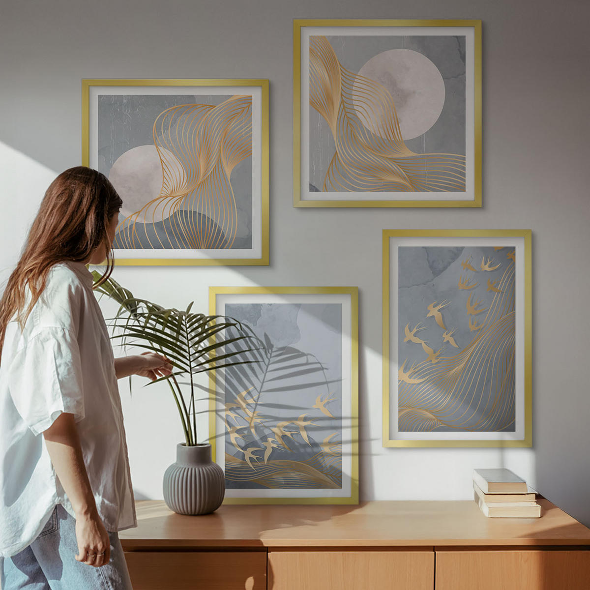 BILDER SET 4er Set - 50x50 cm & 40x60 cm Goldrahmen - Vögel im Flug, Himmel, Mond - Goldfarben, Kunststoff (50/50cm) - TULUP