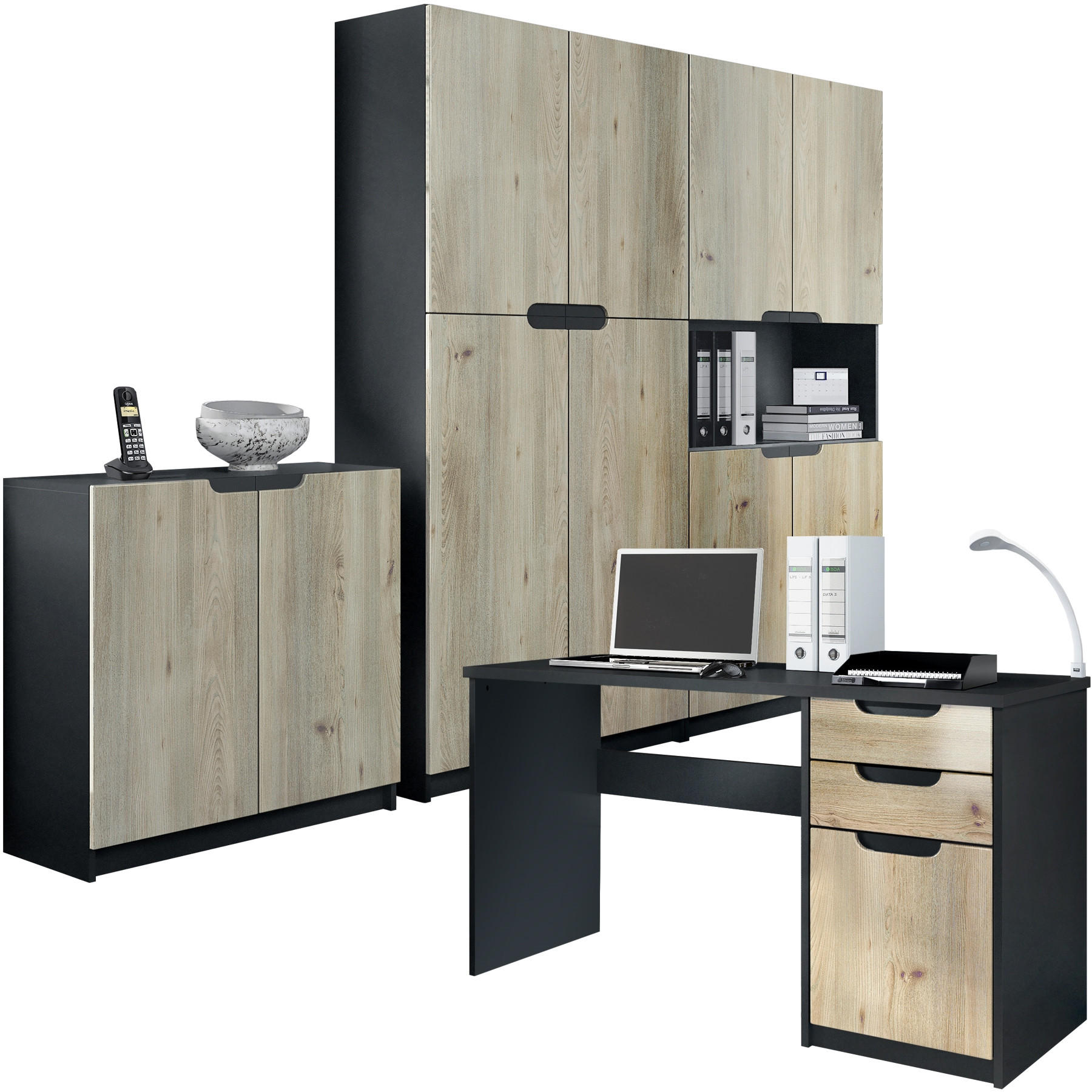 BÜROMÖBELSET Logan Fronten in Eiche Nordic - Silbereichenfarben, Holzwerkstoff (246/185/60cm) - Vladon