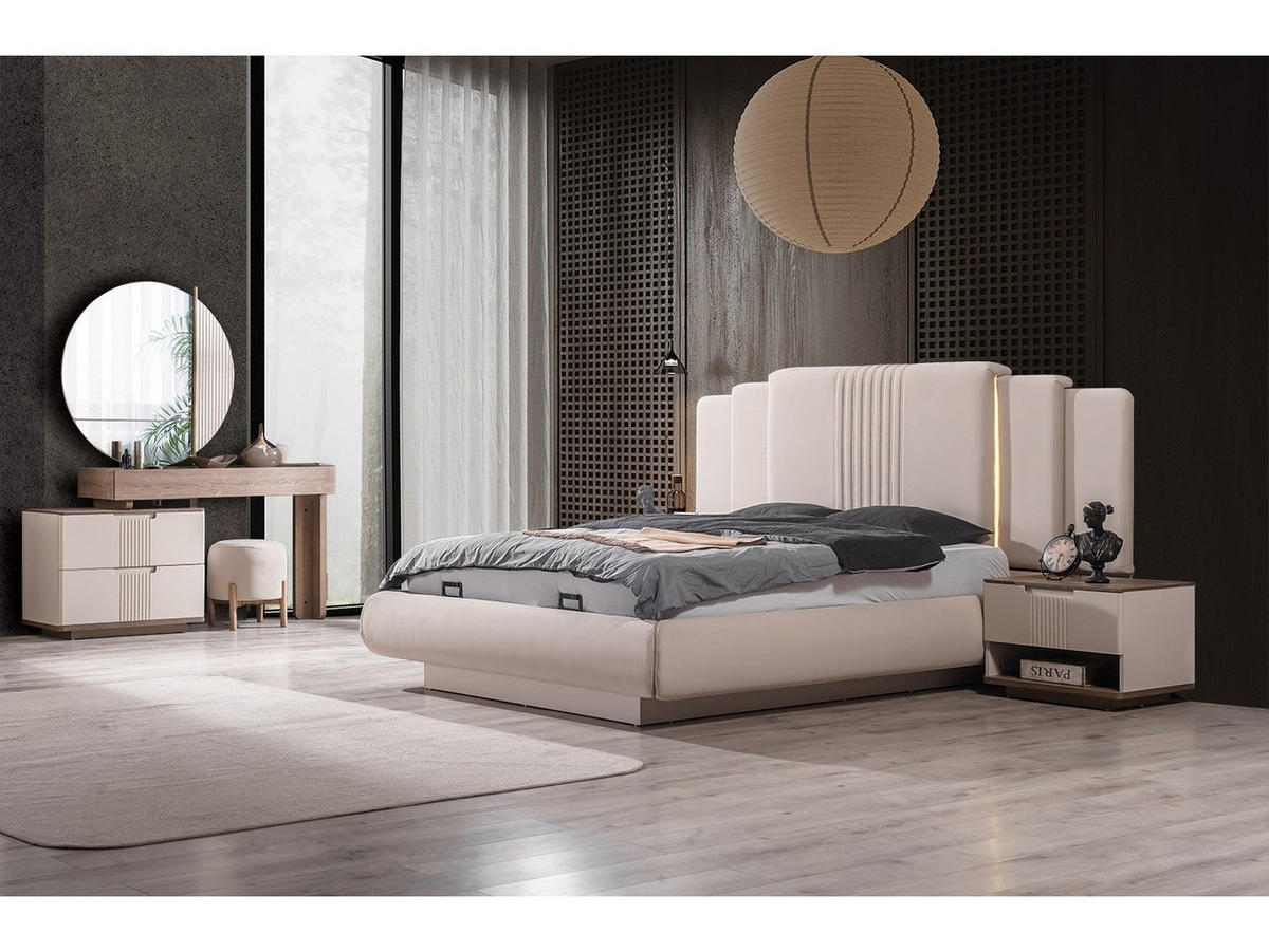 BETTANLAGE SANTO Schlafzimmer-Set, 4-teilig, Beige, Bett mit Kopfteil, 2 Nachttische und Kommode - Beige, Leder/Holzwerkstoff (160/200cm) - Villa Möbel
