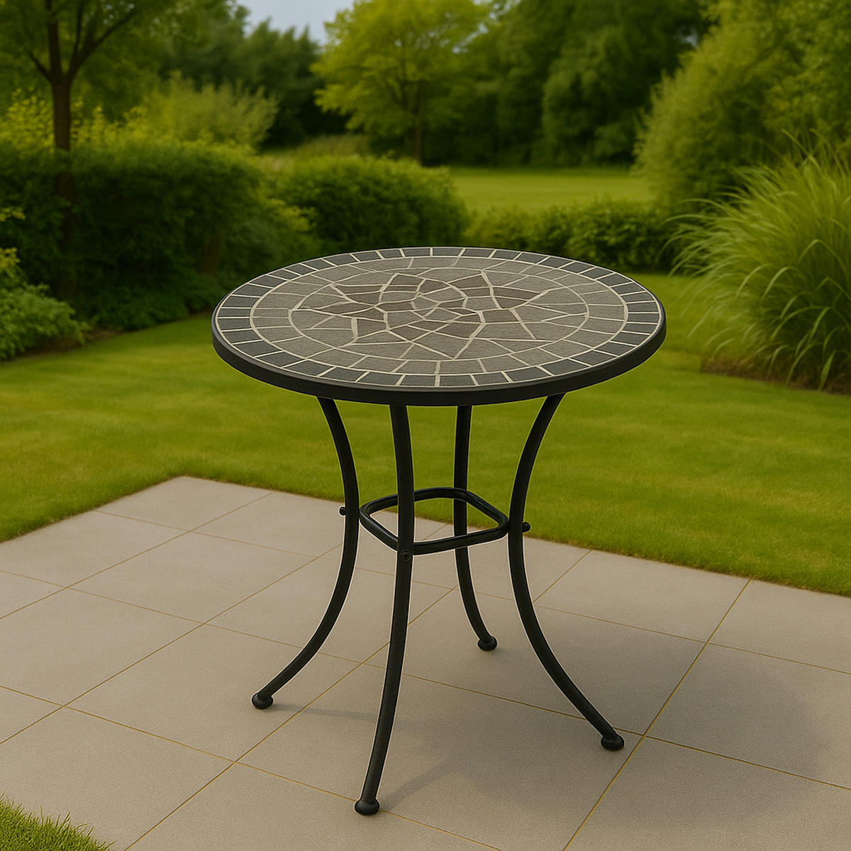 BISTROTISCH Derby mit Mosaik-Tischplatte grau/weiss - Gestell aus schwarz pulverbeschichtetem Eisen 60x60x70 cm - Schwarz, Metall (60/60/70cm) - TPFGarden