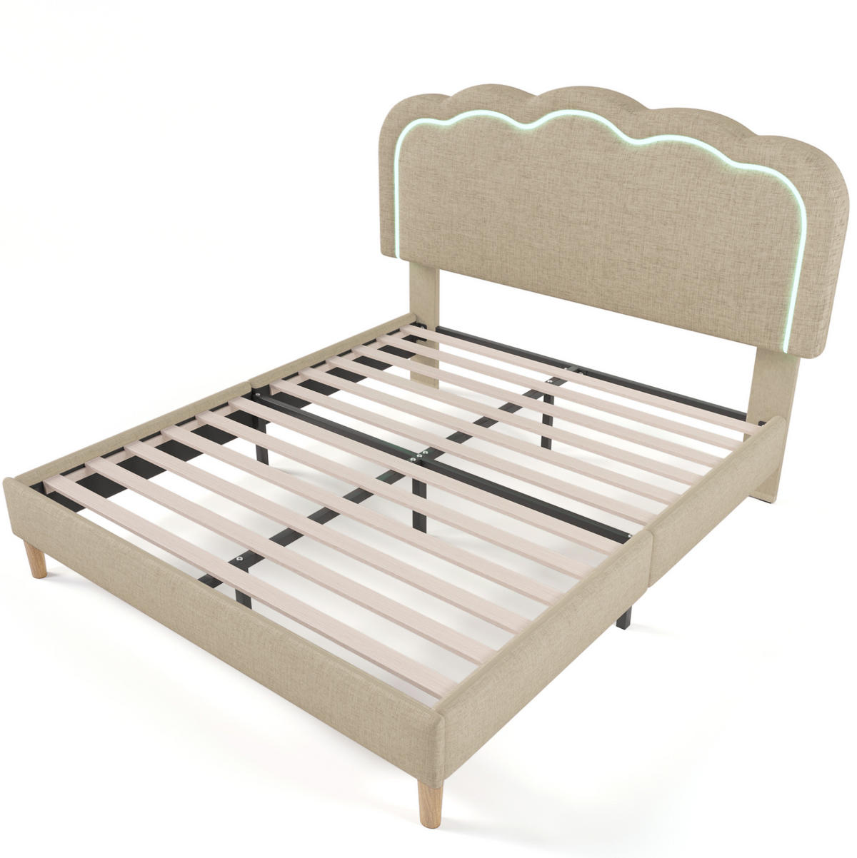 POLSTERBETT aus Leinenmaterial 140x200 cm Beige mit LED-Beleuchtung und verstellbarem Kopfteil - Beige, Textil (140/200cm) - IVMEU