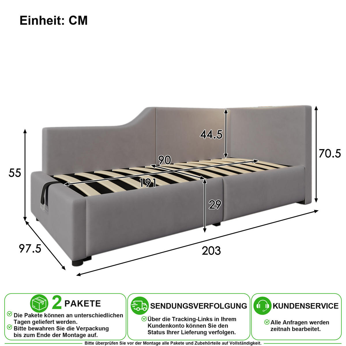 POLSTERBETT 90/190 cm in Grau mit Stauraum, USB-C und Leselampe Samt - Grau, Holzwerkstoff/Textil (90/190cm) - CHICFURN