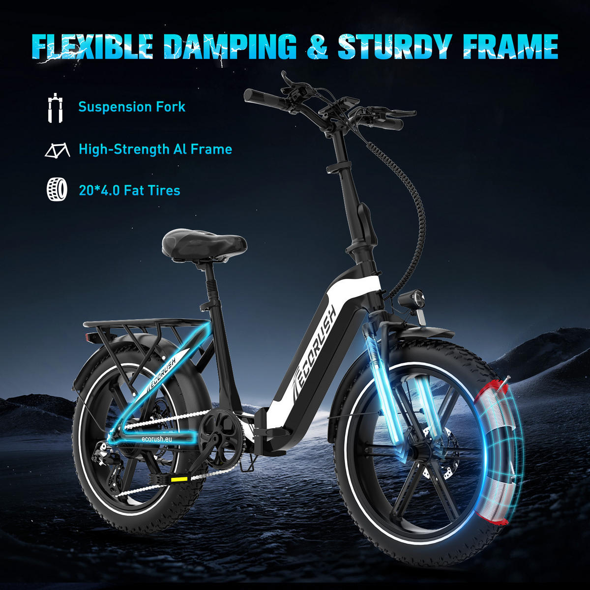 E-BIKE Klapprad R2 20×4.0", 499,2 Wh, 7-Gang, Aluminiumrahmen - Blau, Metall (30cm) - ECORUSH