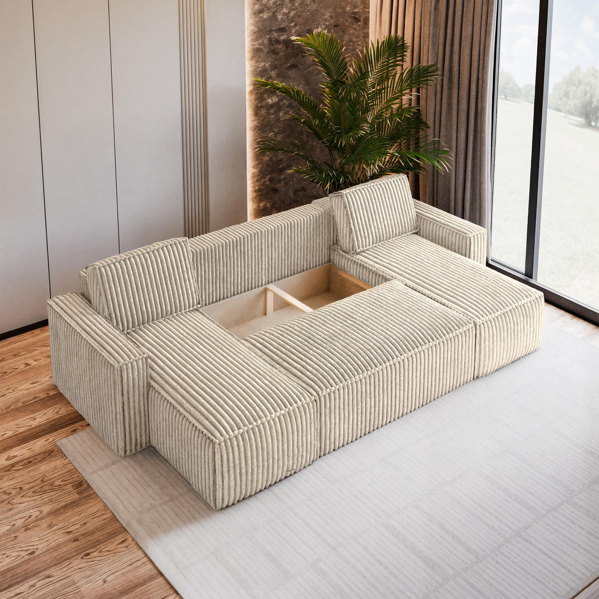 WOHNLANDSCHAFT PESANO T Creme Kordstoff mit Schlaffunktion - Creme, Holz (306/85/140cm) - MASSENO