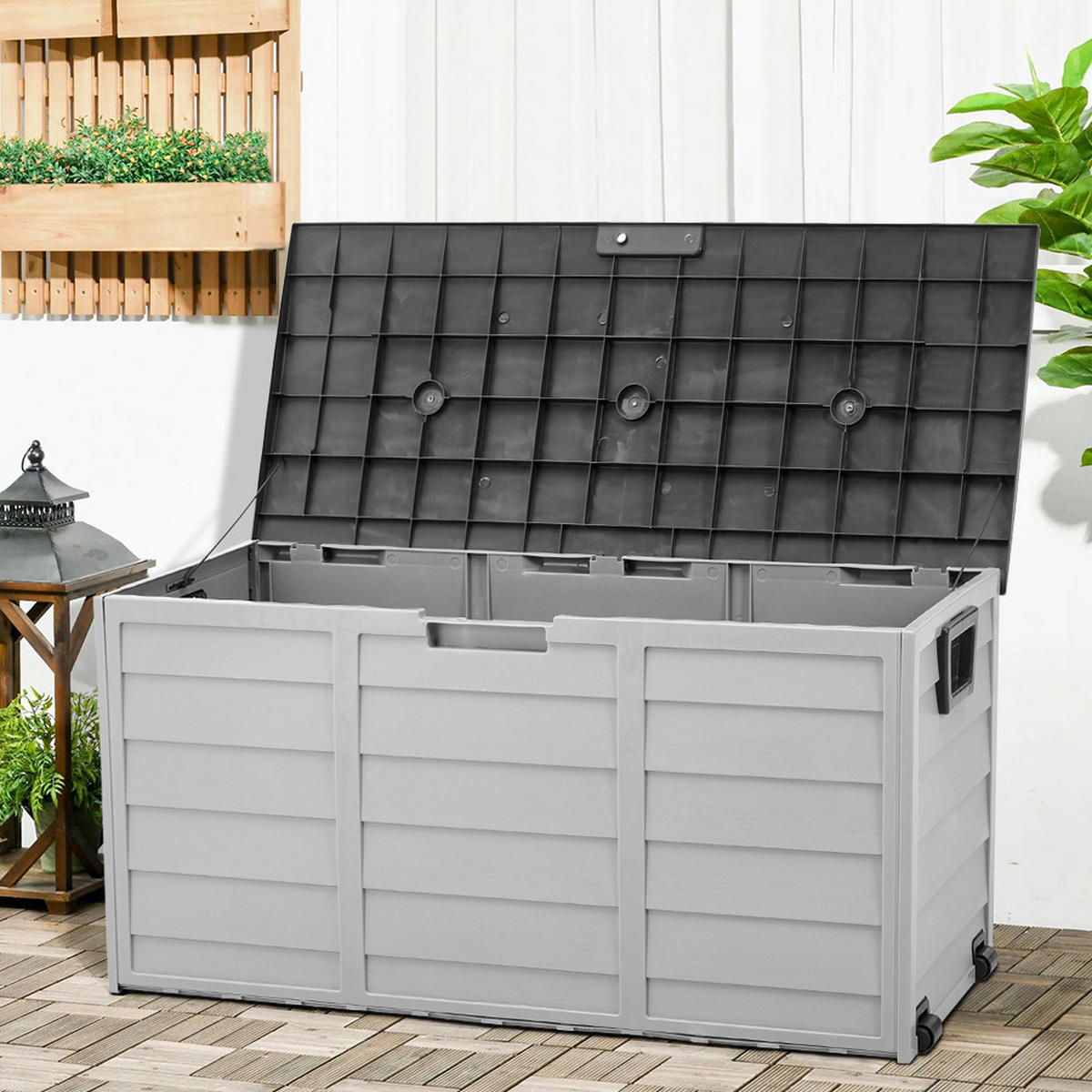 GARTENBOX 290L aus PP Kunststoff in Dunkelgrau + Hellgrau mit Rollen, Modell Robuste Konstruktio 112 cm B x 49 cm T x 54 cm H - Grau, Kunststoff (112/54/49cm) - Livingandhome