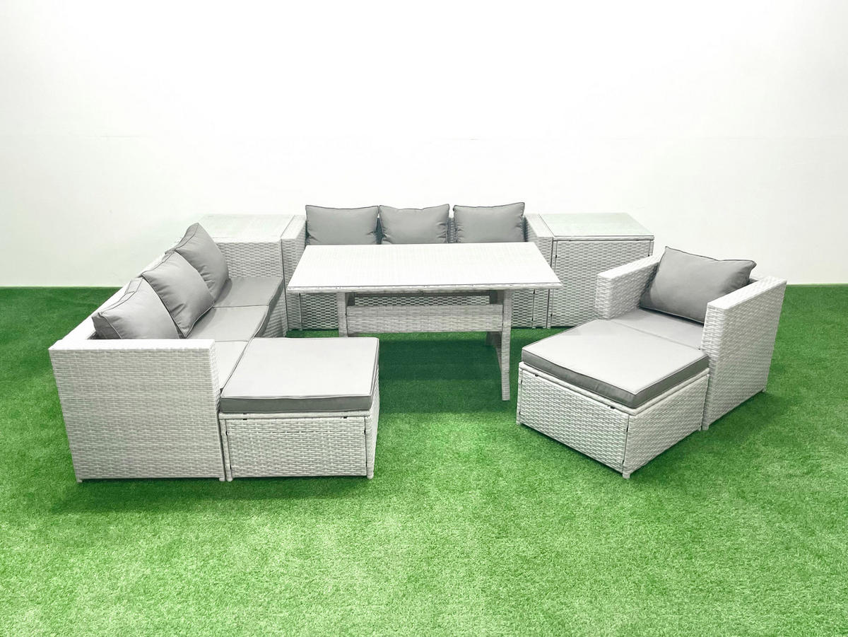 GARTENMÖBEL SET mit 3-Sitzer-Sofa und Sessel, Esstisch,2 Großer Hockern,2 Beistelltischen Polyrattan Hellgrau 9-Sitzer - Hellgrau/Grau, Glas/Kunststoff - Fimous