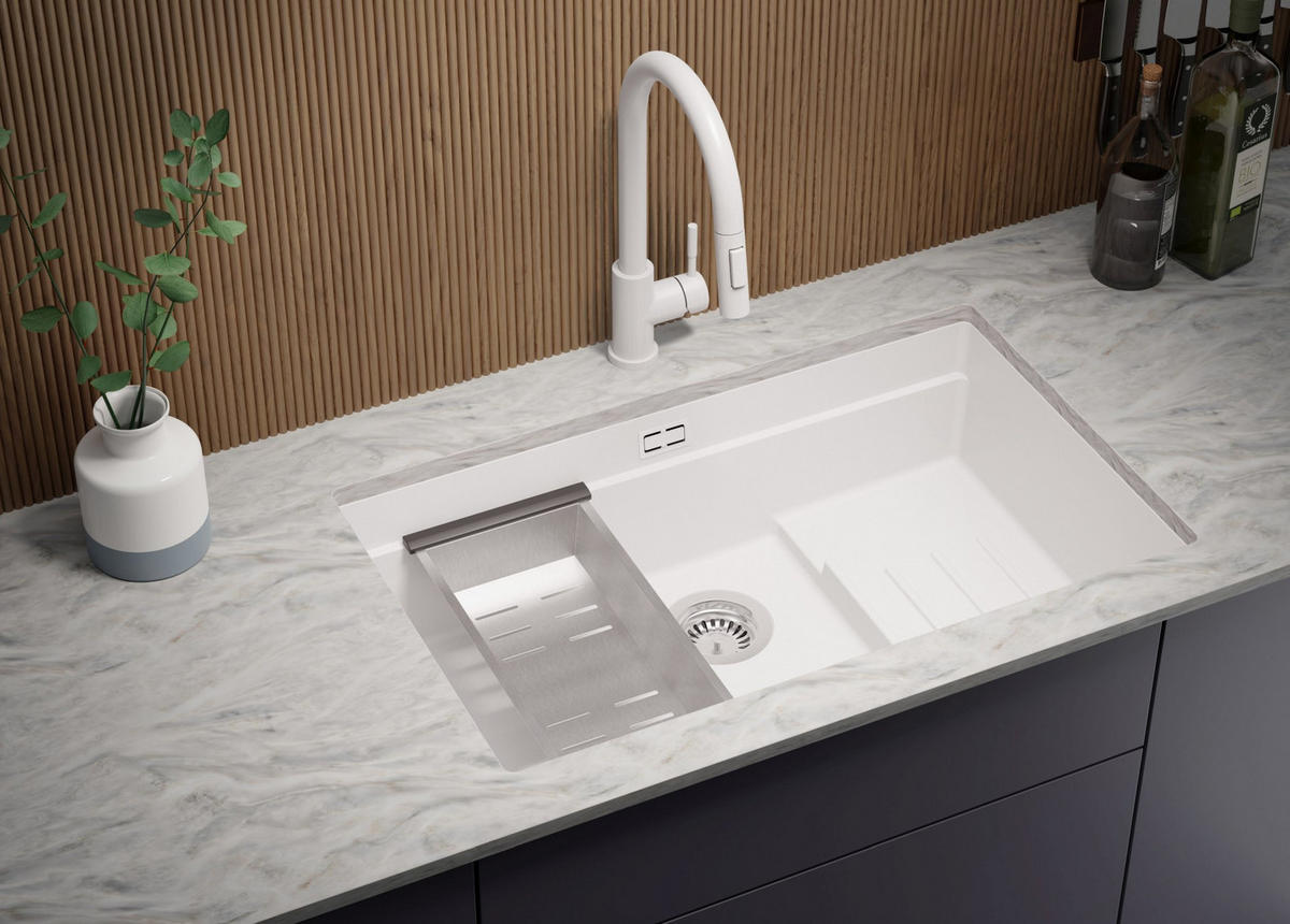 UNTERBAUSPÜLE GRANIT Praga, 2-er set Weiß 76/47 cm 1 Becken + Küchenarmatur 38/14 cm + Ablauf-Set + Aufrollbare Abtropffläche ab 80er Unterschrank - Chromfarben/Weiß, Kunststoff (76/20/47cm) - Primagran