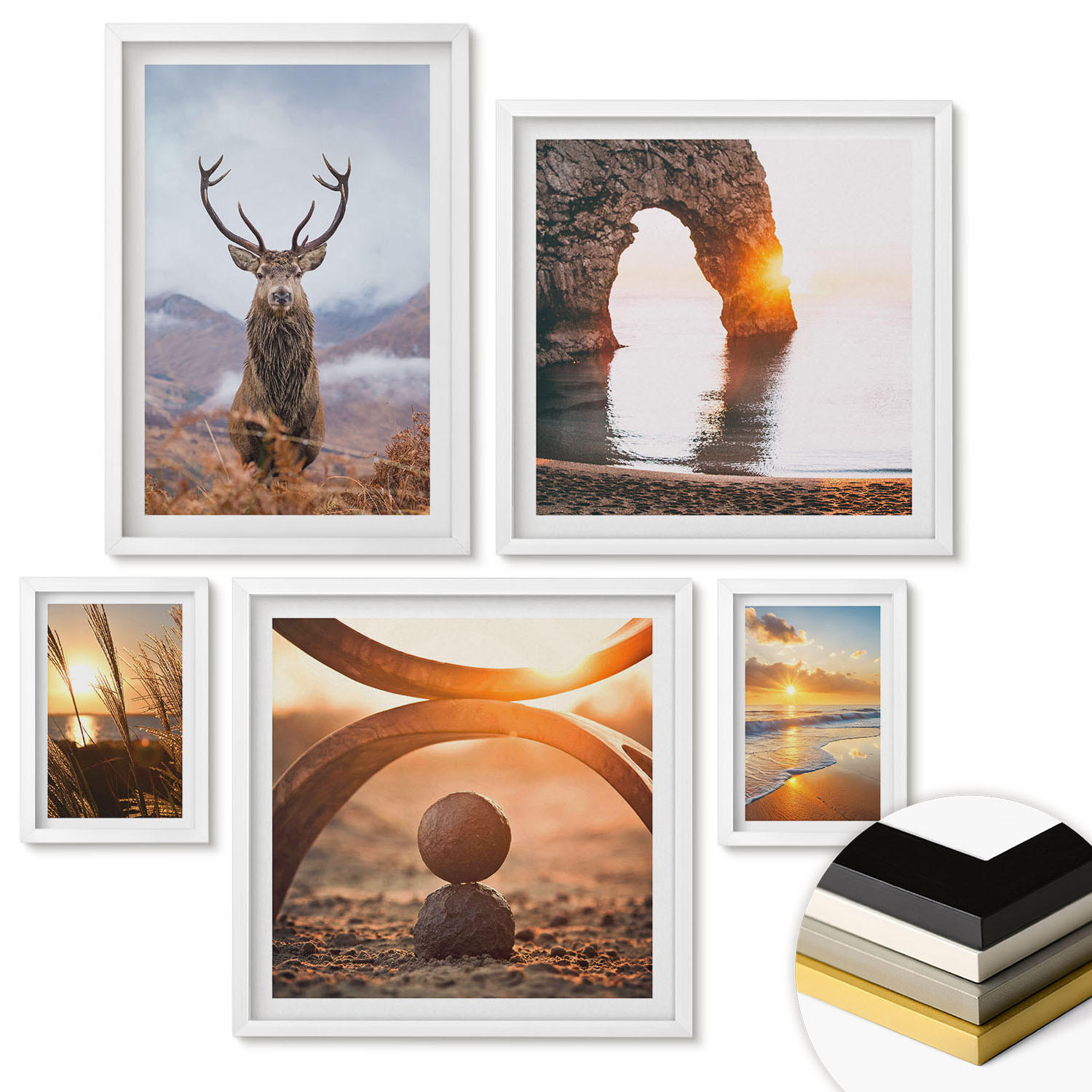 WANDBILDER 5er-Set - 50x50 cm & 20x30 cm & 40x60 cm Weißer Rahmen - Blätter des Weißen Tigerwasserfalls - Weiß, Kunststoff (40/60cm) - ArtPrintCave