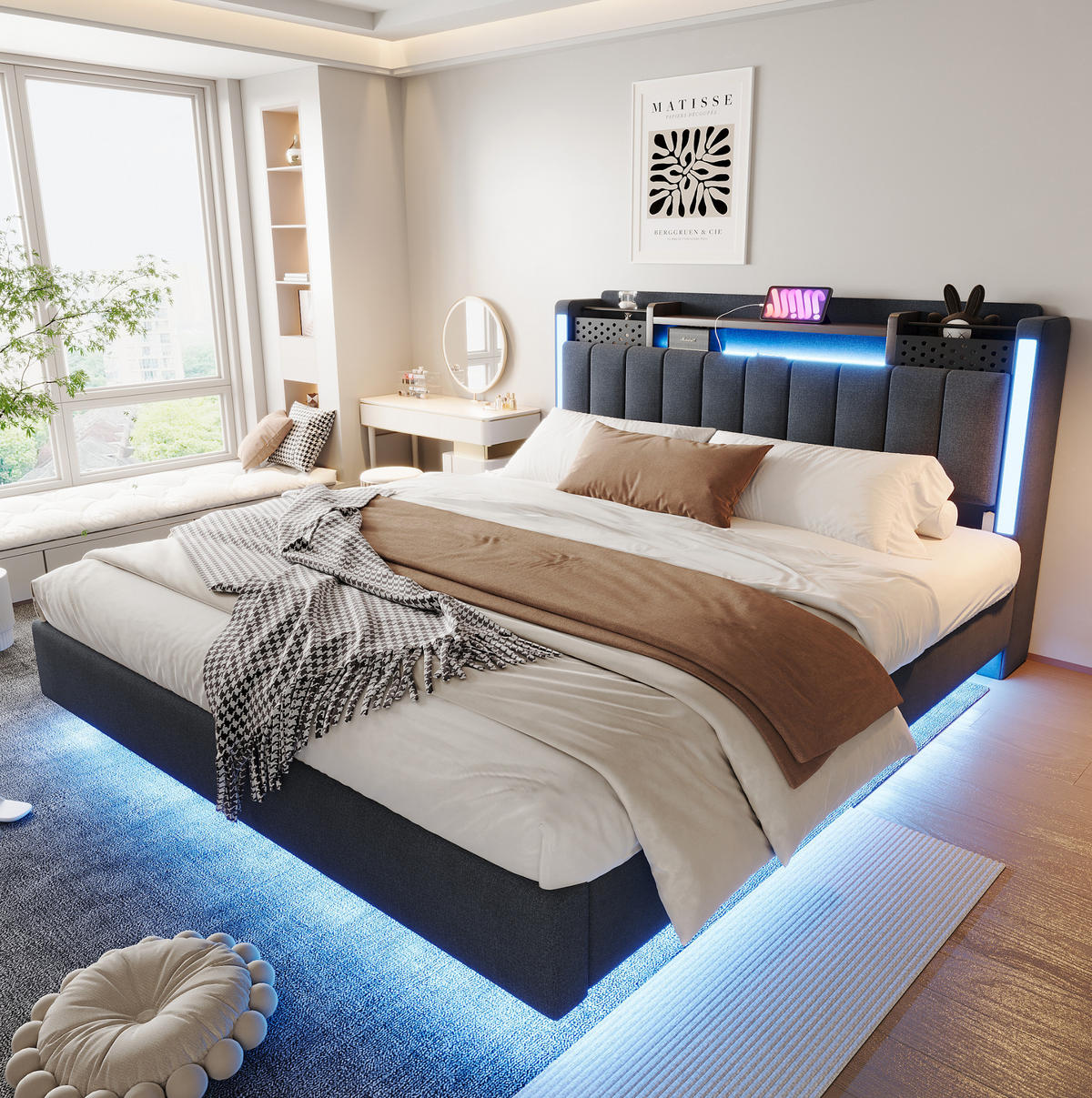 ČALOUNĚNÁ postel 160/200 cm šedá z lněné tkaniny s LED osvětlením a USB - šedá, textil (160/200cm) - OKWISH