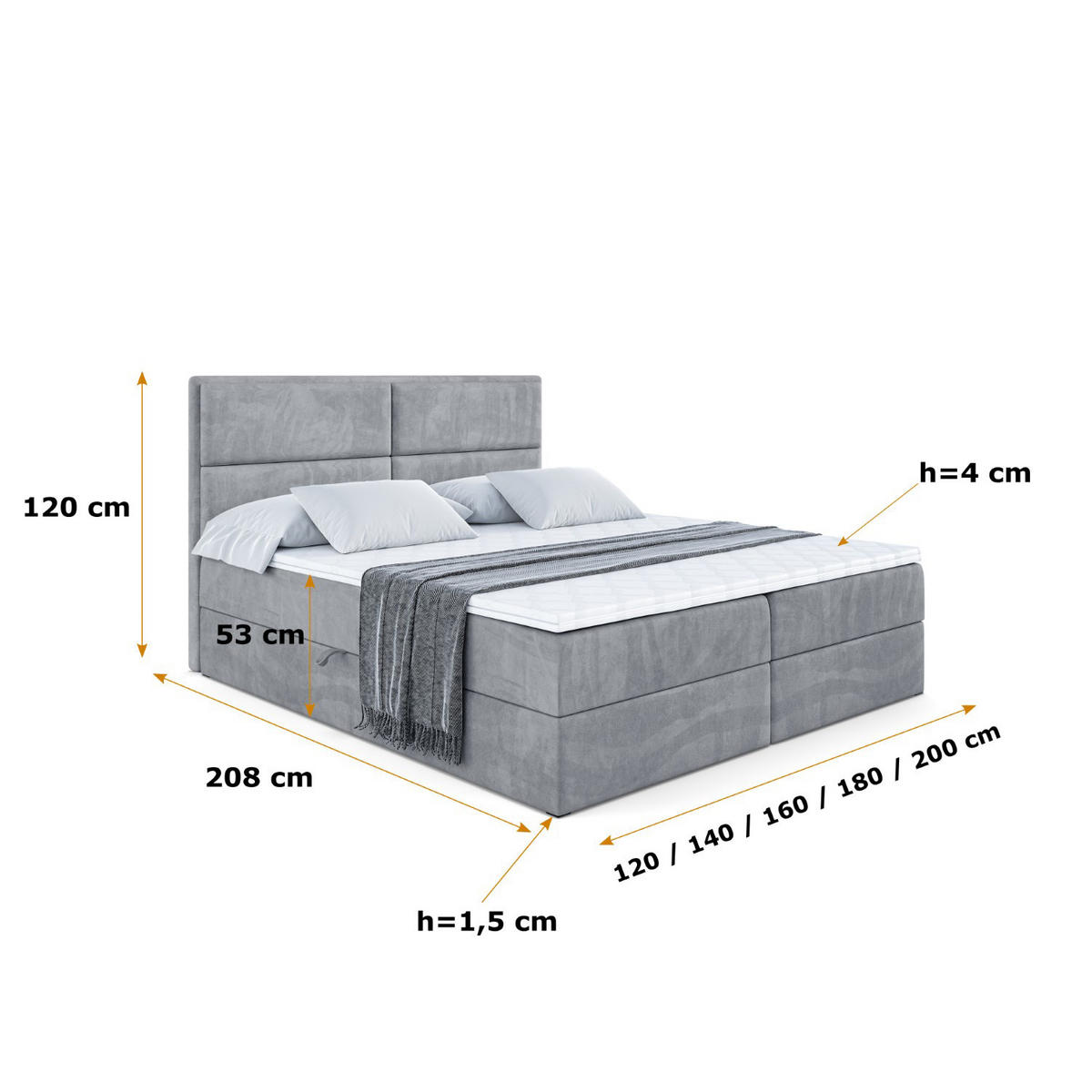 BOXBETT mit Matratze H3 und Lattenrost - AURA - 200x200 Grau - Grau, Holzwerkstoff (200/200cm) - ALTDECOR