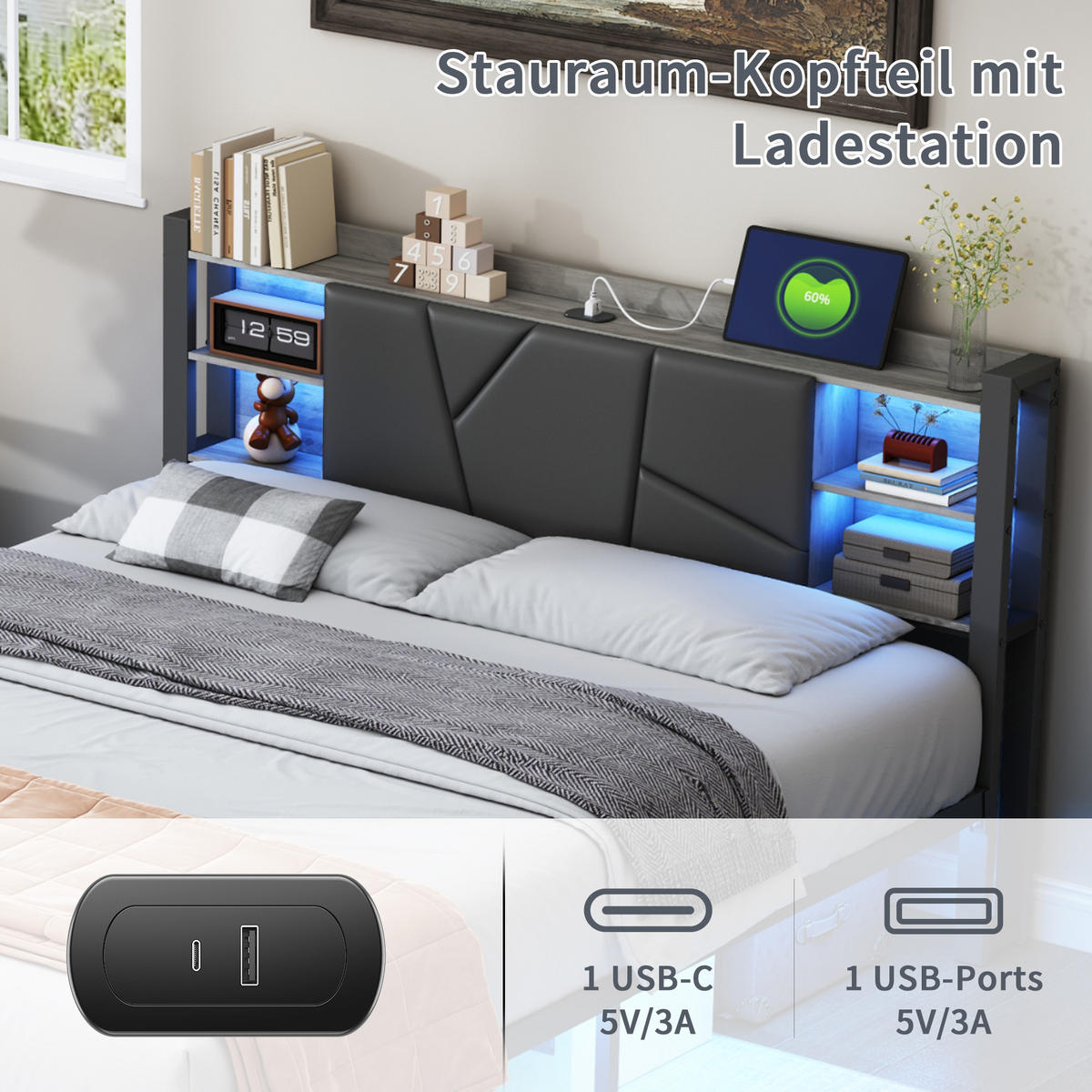 POLSTERBETT 140x200 cm, Stauraumkopf, 2 Fuß‑Schubladen, RGB‑LED, USB/Typ‑C, PU‑Bezug, Schwarz - Schwarz, Holz (140/200cm) - BRILVERDE