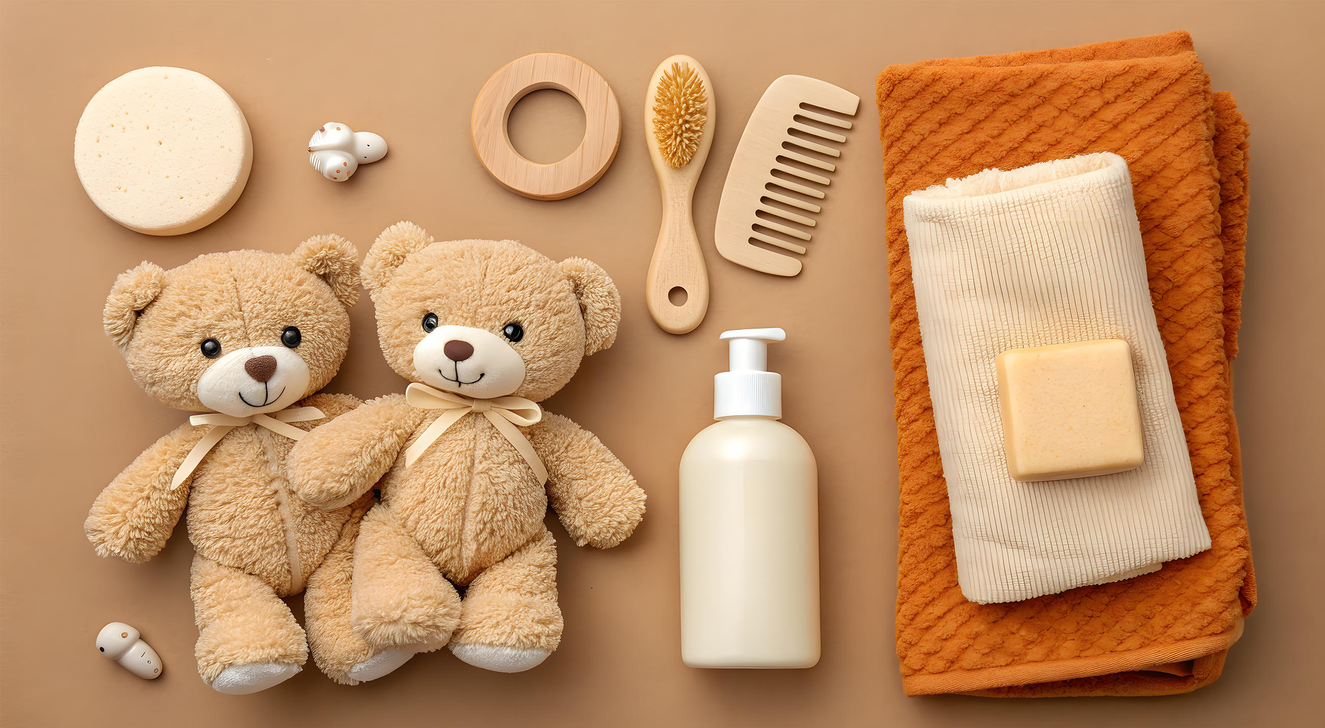 Verschiedene Babypflegeartikel wie zwei Plüschbären, Holzspielzeug, Bürste, Seife, Handtücher und eine Lotionflasche sind ordentlich auf einem braunen Hintergrund arrangiert