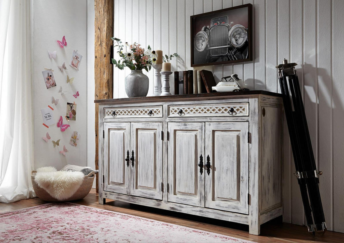 SIDEBOARD Mango / Akazie 150x45x90 weiß gewachst CASTLE-ANTIK #261 - Weiß, Holz (150/90/45cm) - Massivmoebel24