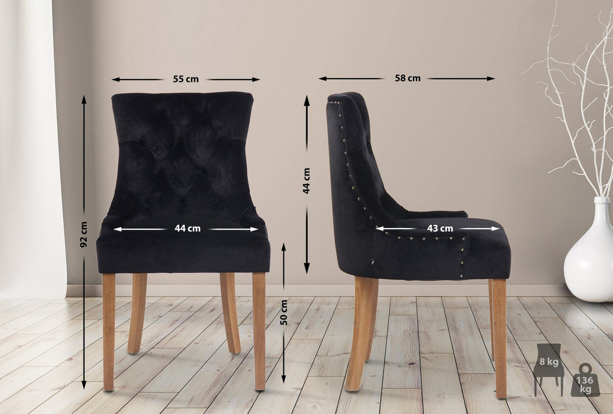 WOHNZIMMERSTUHL 4er Set Samt schwarz - Schwarz/Naturfarben, Holz/Textil (55/92/58cm) - CLP