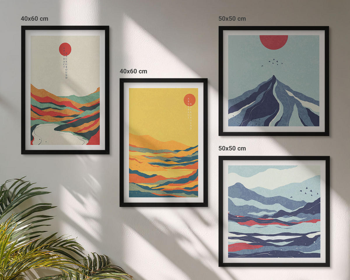 BILDER SET 4er Set - 50x50 cm & 40x60 cm Schwarzer Rahmen - Farbenfrohe abstrakte Flussberge - Schwarz, Kunststoff (50/50cm) - TULUP