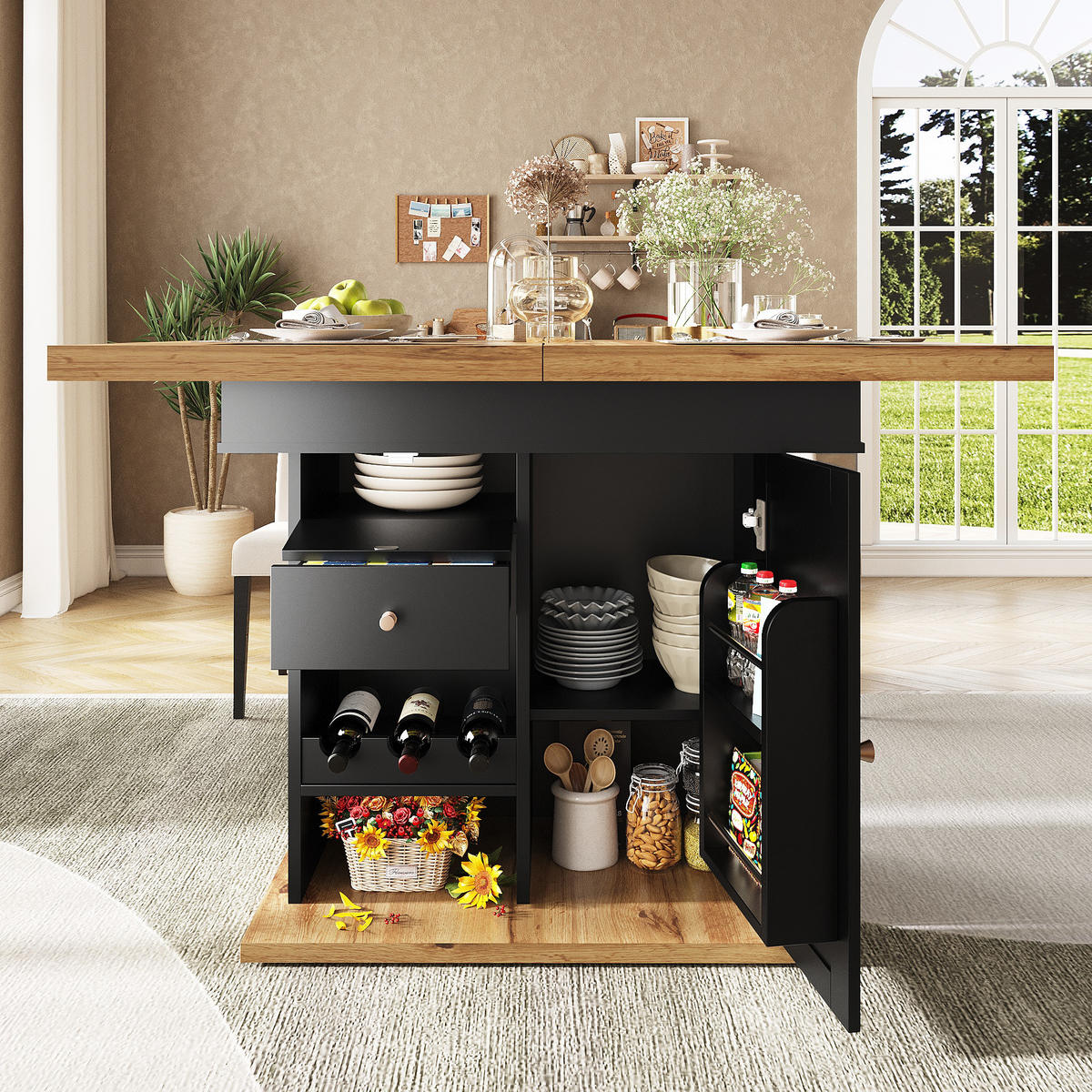 ESSTISCH, ausziehbar 110-140/80/75 cm mit Stauraum & Snack-/Weinregal, Schwarz/Natur - Schwarz, Holzwerkstoff (110/80/75cm) - Redom