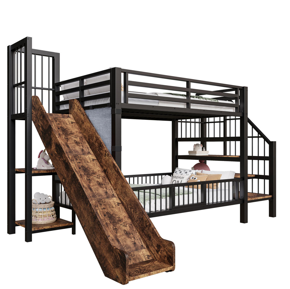 ETAGENBETT aus Metall 90x200 cm in Schwarz mit Rutsche & Stauraumtreppe - Schwarz, Metall (90/200cm) - Modfu
