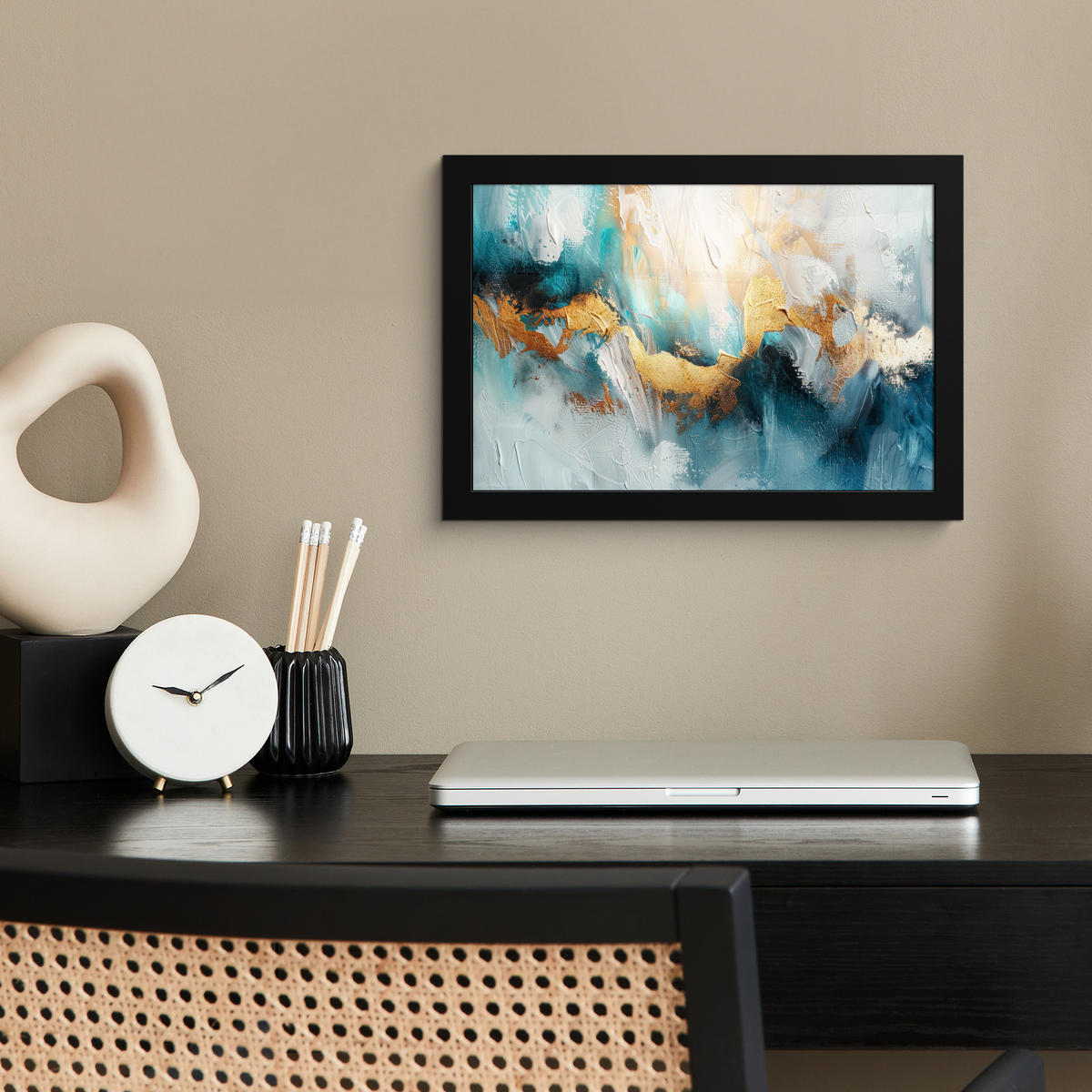 POSTER MIT RAHMEN Abstrakt - Kunst - Gold - Blau 30x20 cm - Petrol, Papier (30/20cm) - MuchoWow
