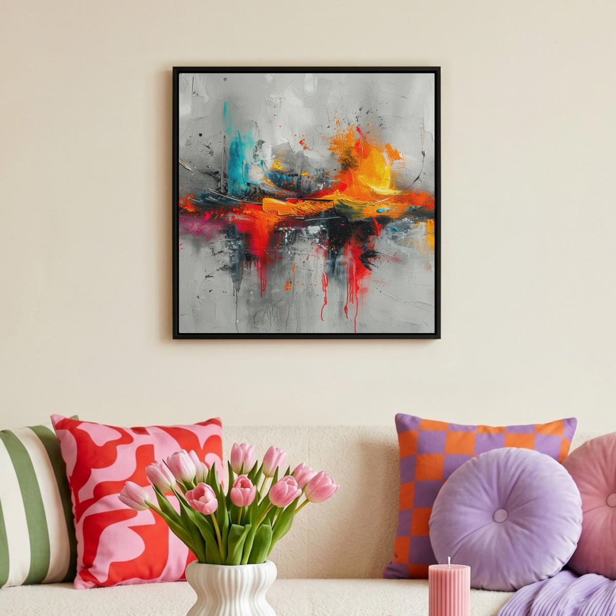 LEINWAND Bilder mit Rahmen - Moderne Kunst - Orange - Grau - Abstrakt - 50x50 - Hellgrau, Textil (50/50cm) - MuchoWow