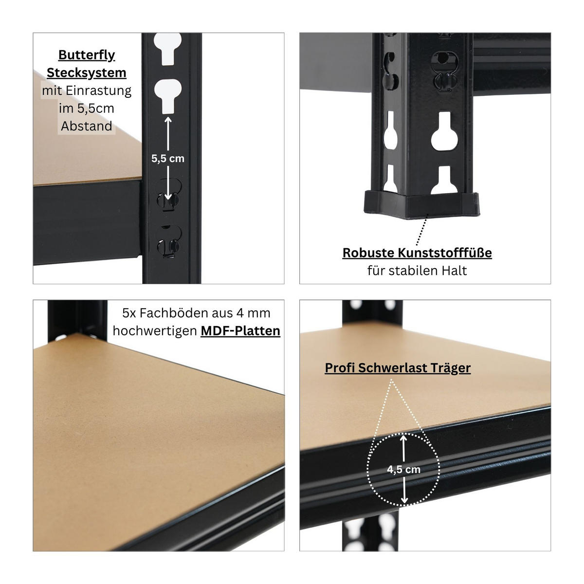 SCHWERLASTREGAL Mega Deal 2x Hermes 150x70x30cm 4 MDF-Platten-Ebenen 4mm Fachlast 175kg Schwarz - Schwarz, Metall (70/150/30cm) - PROREGAL