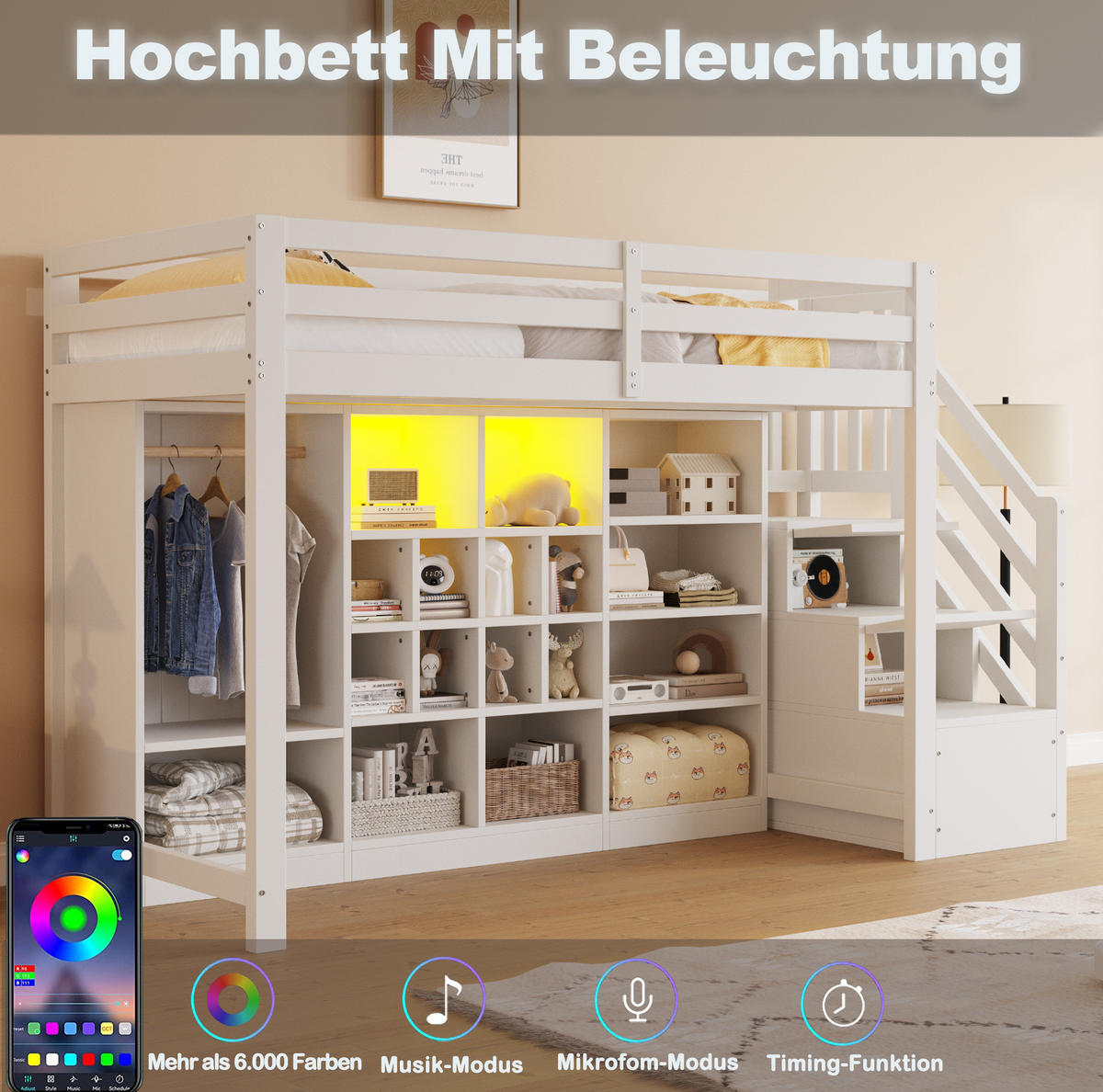 HOCHBETT 90/200 cm aus Holz mit Stauraum, Kleiderschrank und LED-Beleuchtung Weiß - Weiß, Holz (90/200cm) - Modenvie
