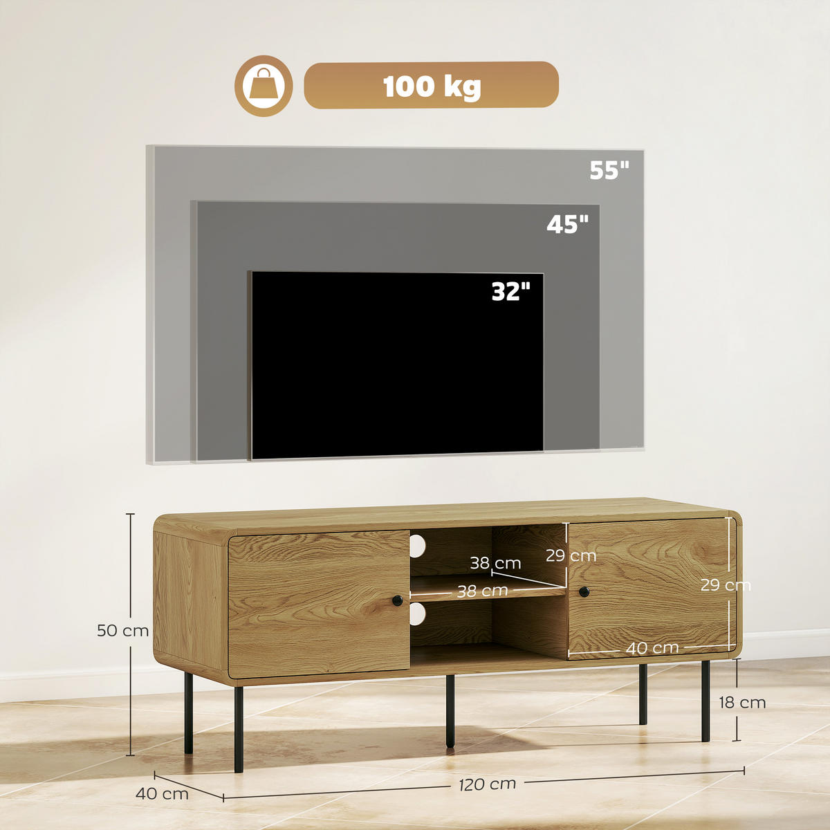 TV-LOWBOARD Eichefarben/Schwarz 120/40/50 cm, 2 Türen, Metallfüße - Eichefarben, Holzwerkstoff (120/50/40cm) - PANGIVO