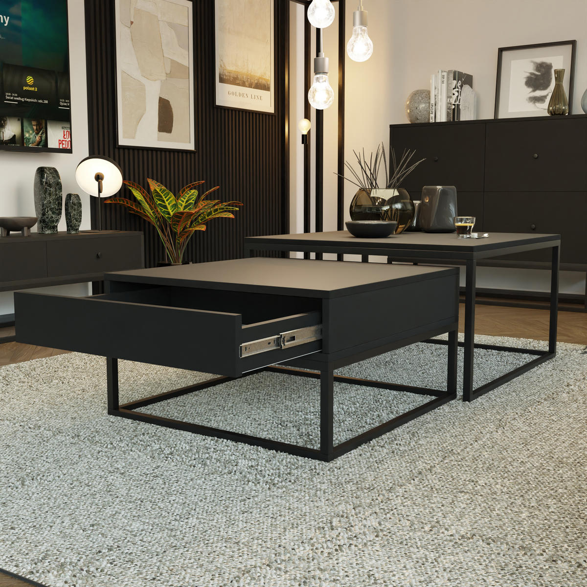 COUCHTISCH quadratisch Schwarz, MDF Tischplatte, Rahmen Schwarz - Schwarz, Holzwerkstoff (70/70/42cm) - Idohome