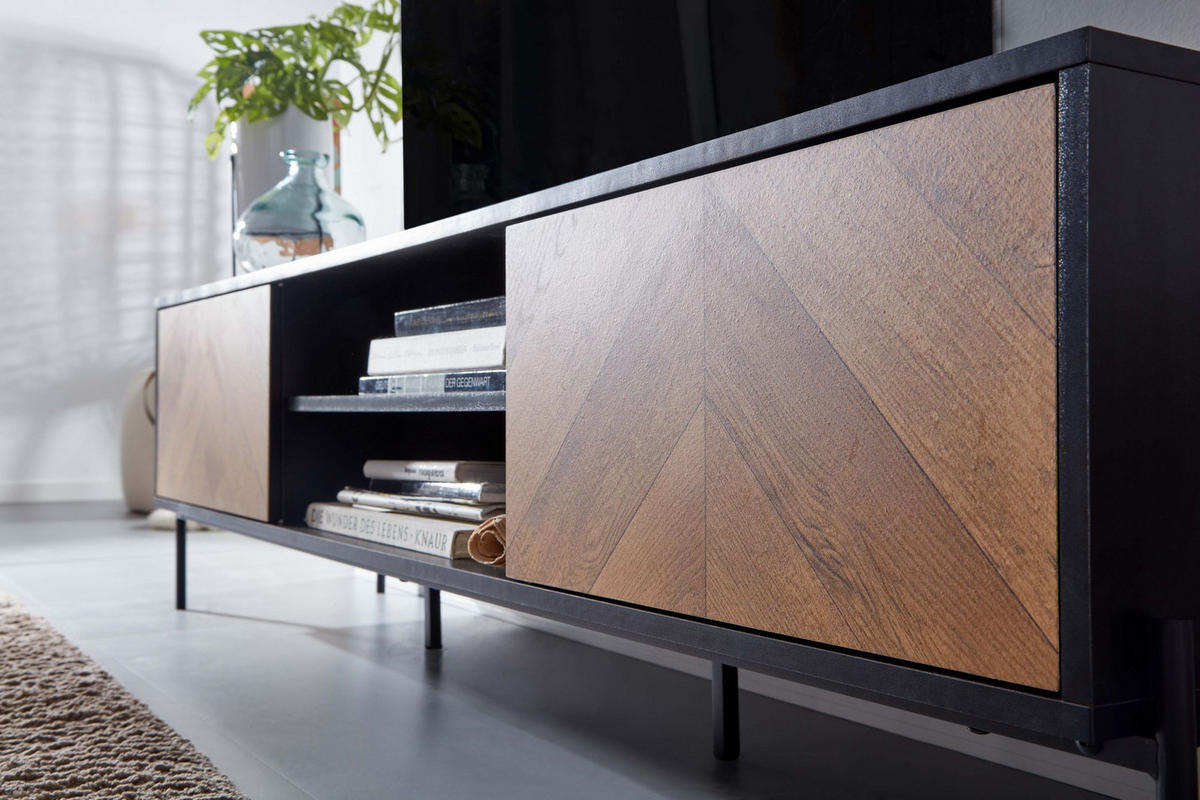 LOWBOARD Modern Stil mit V-Muster für 70-Zoll Fernseher - Schwarz, Holz/Metall (163/45/40cm) - KADIMA DESIGN