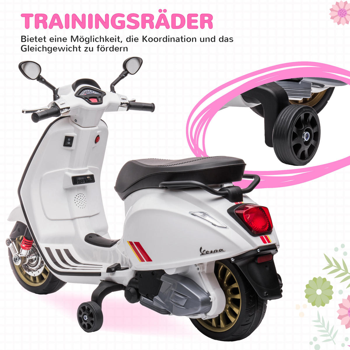 KINDER Elektro-Motorrad, 6V Kindermotorrad mit MP3, USB, FM-Radio, Scheinwerfer - Weiß, Kunststoff (107/47/73cm) - AIYAPLAY