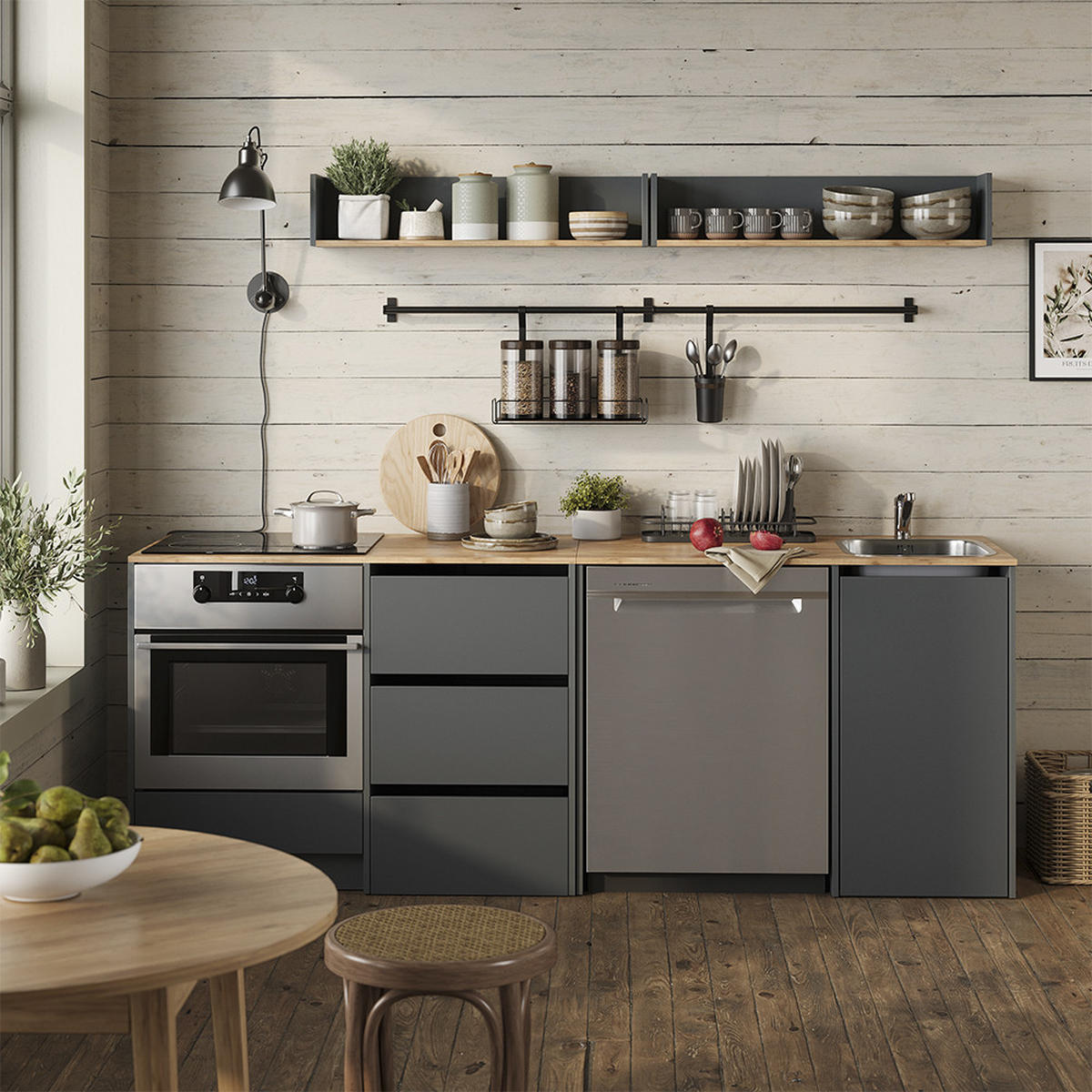 MINIKÜCHE Viktor, Anthrazit/Goldkraft Eiche, mit Spüle & Armatur - Honigeiche/Anthrazit, Holzwerkstoff (230.4/88.2/60.3cm) - Vicco