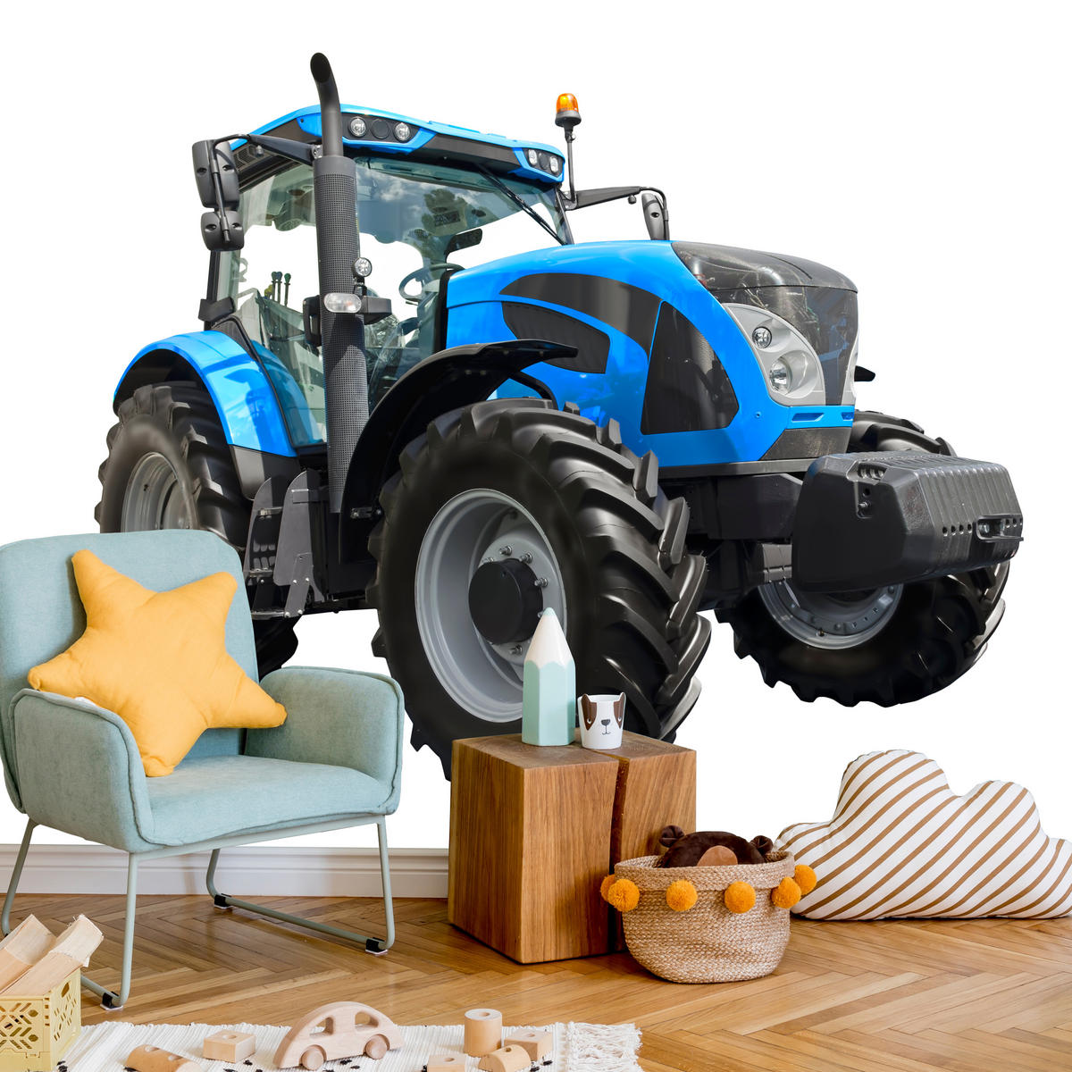 FOTOTAPETE für Jugendzimmer Blauer Traktor Landwirtschaft 350x256 - Blau/Schwarz, Papier (350/256cm) - Muralo