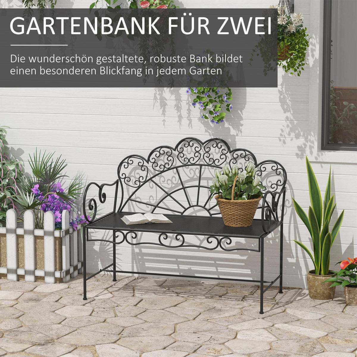GARTENBANK, 107cm x 55,5cm x 90,5cm, Metall, Schwarz - Schwarz, Metall (107/90.5/55.5cm) - Outsunny
